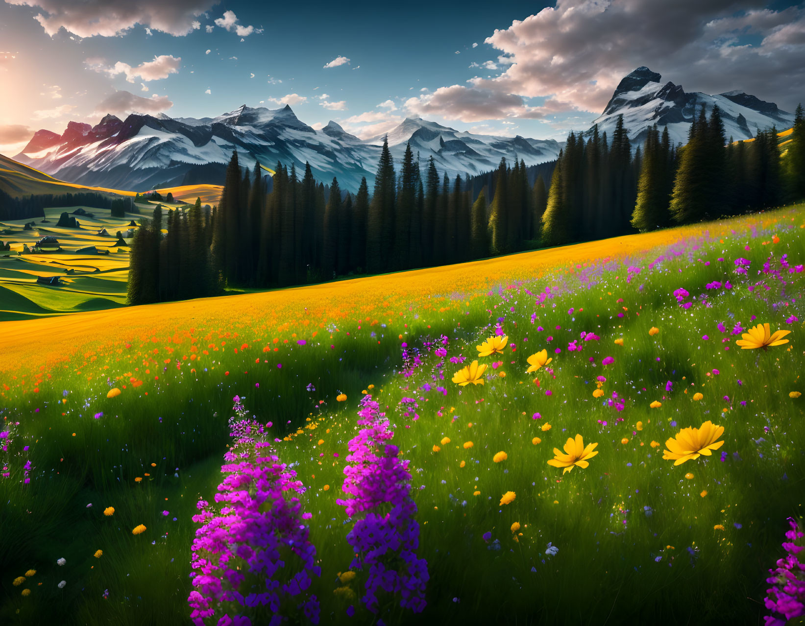 Scenic landscape: wildflower meadow, pine trees, snow-capped mountains