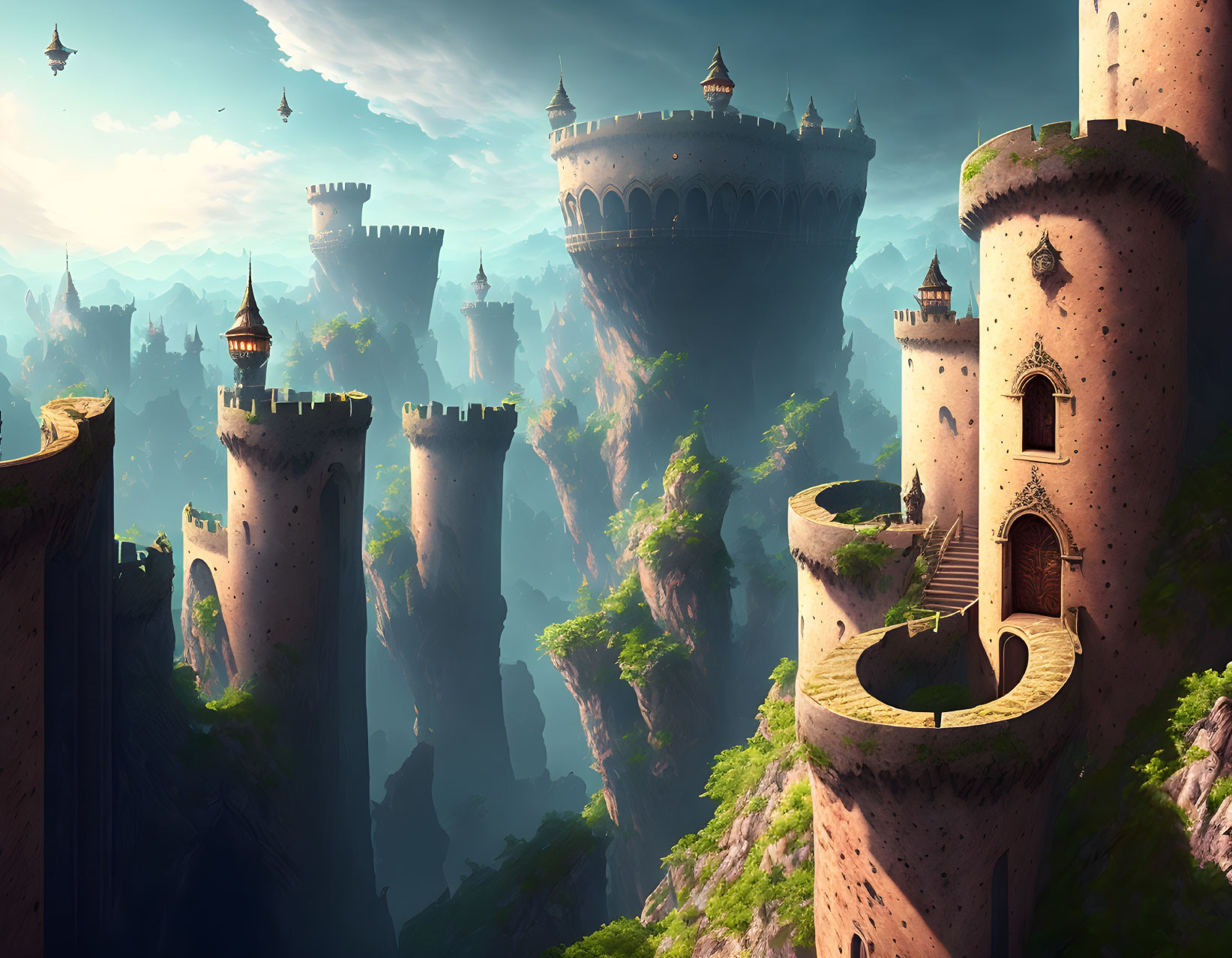 Majestic fantasy castle on cliffs with towers, bridges, sunlight, and flying ships