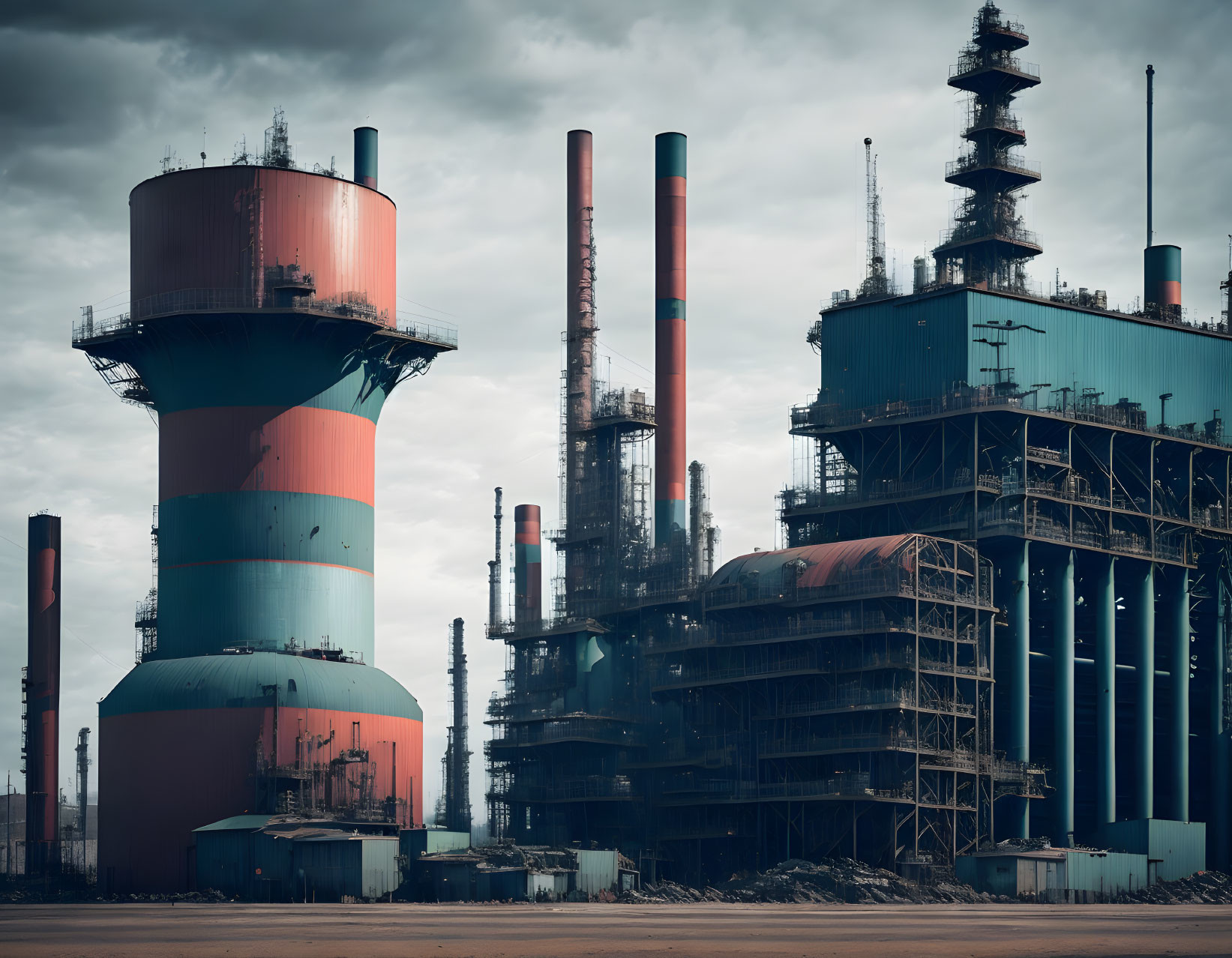 Industrial complex with smokestacks, storage tanks, and piping under cloudy sky