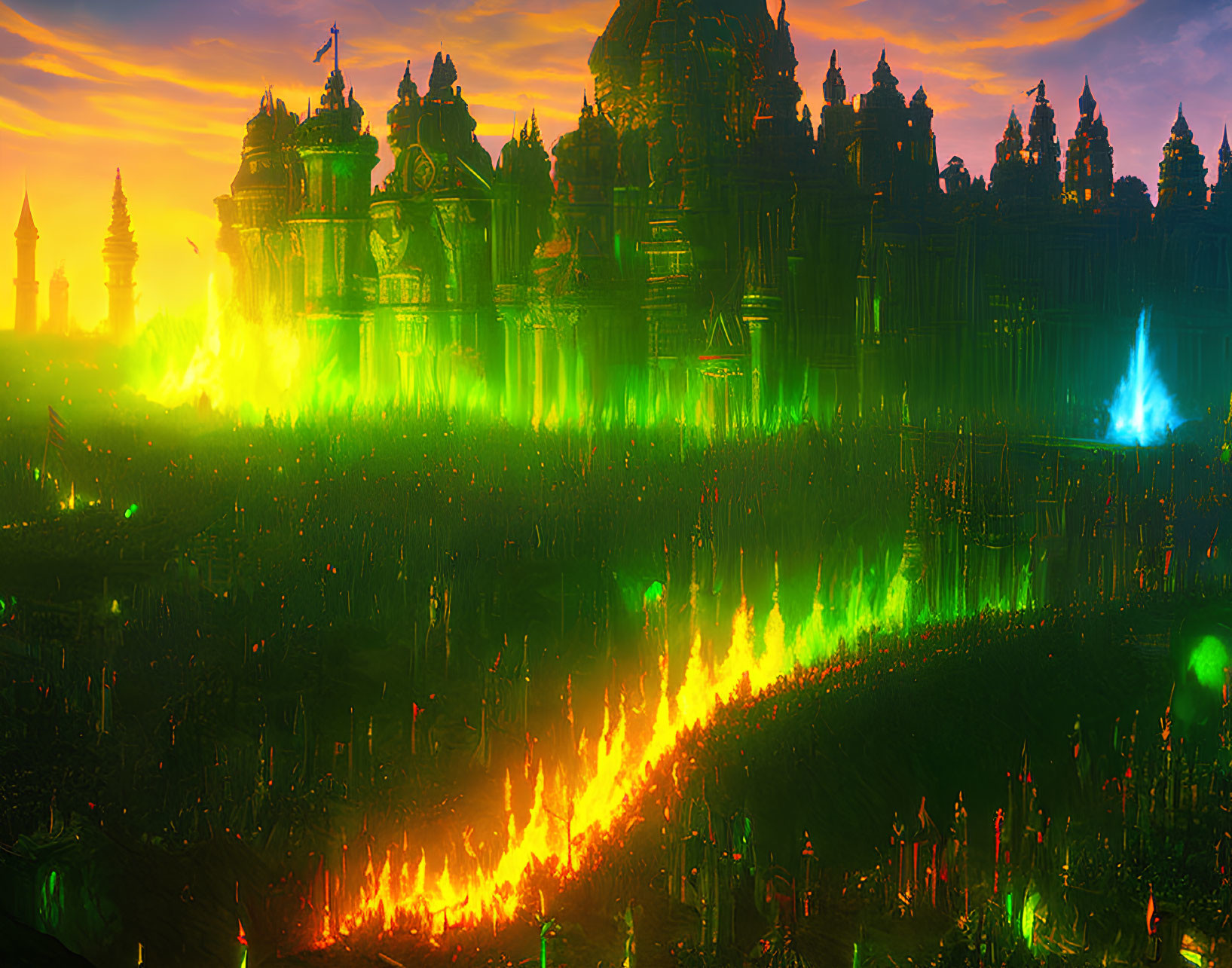 Fantasy landscape with army, castle, sunset sky, green flames, blue energy pillars