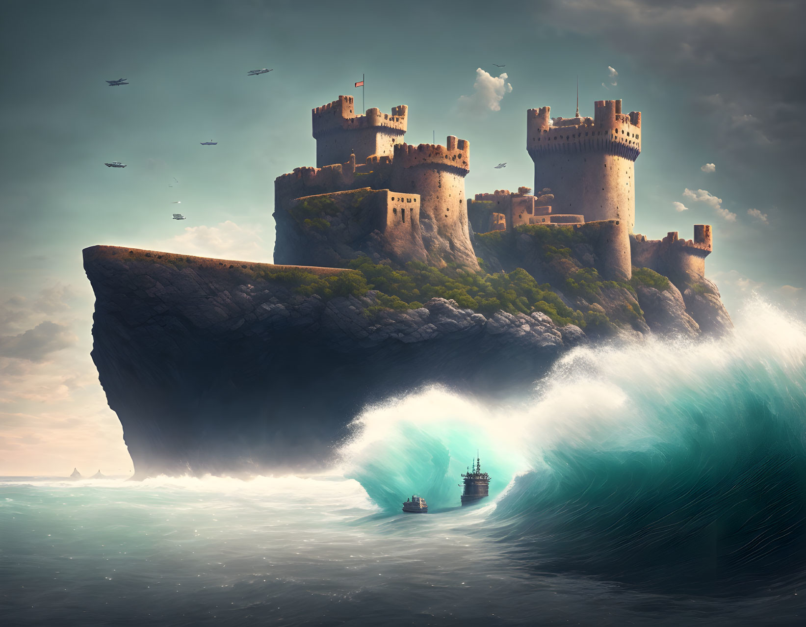 Dramatic castle on cliff with crashing waves and flying creatures