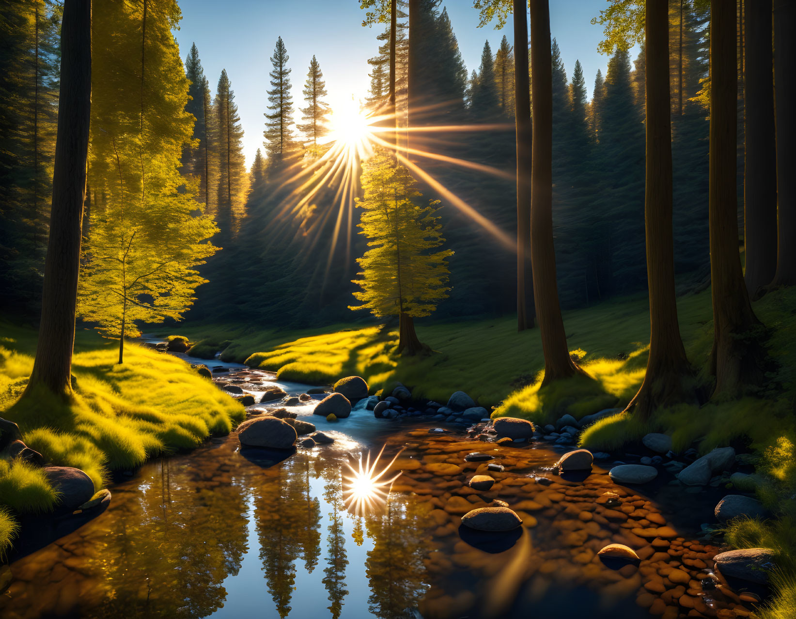 Forest Stream with Sunbeams and Tall Trees