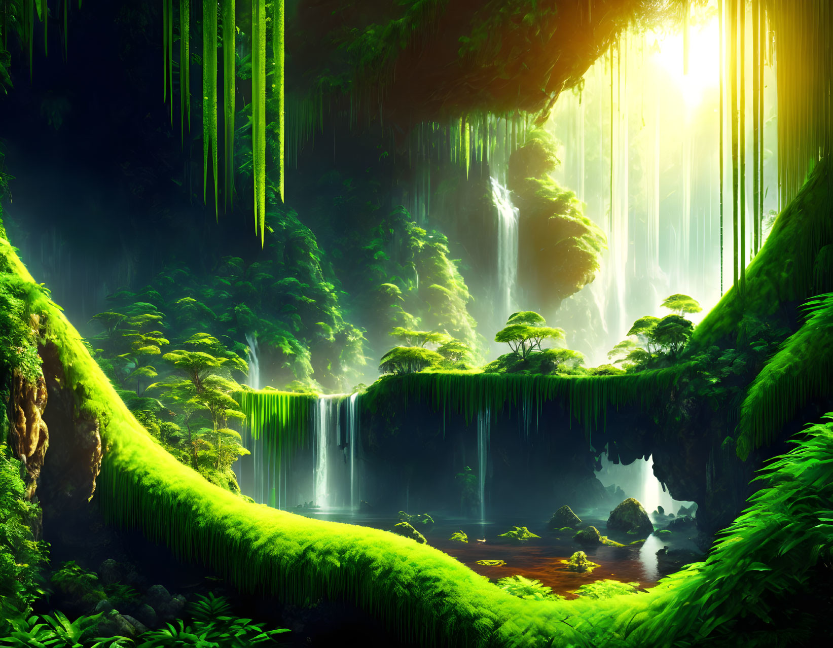 Mystical forest with waterfalls and sunbeams