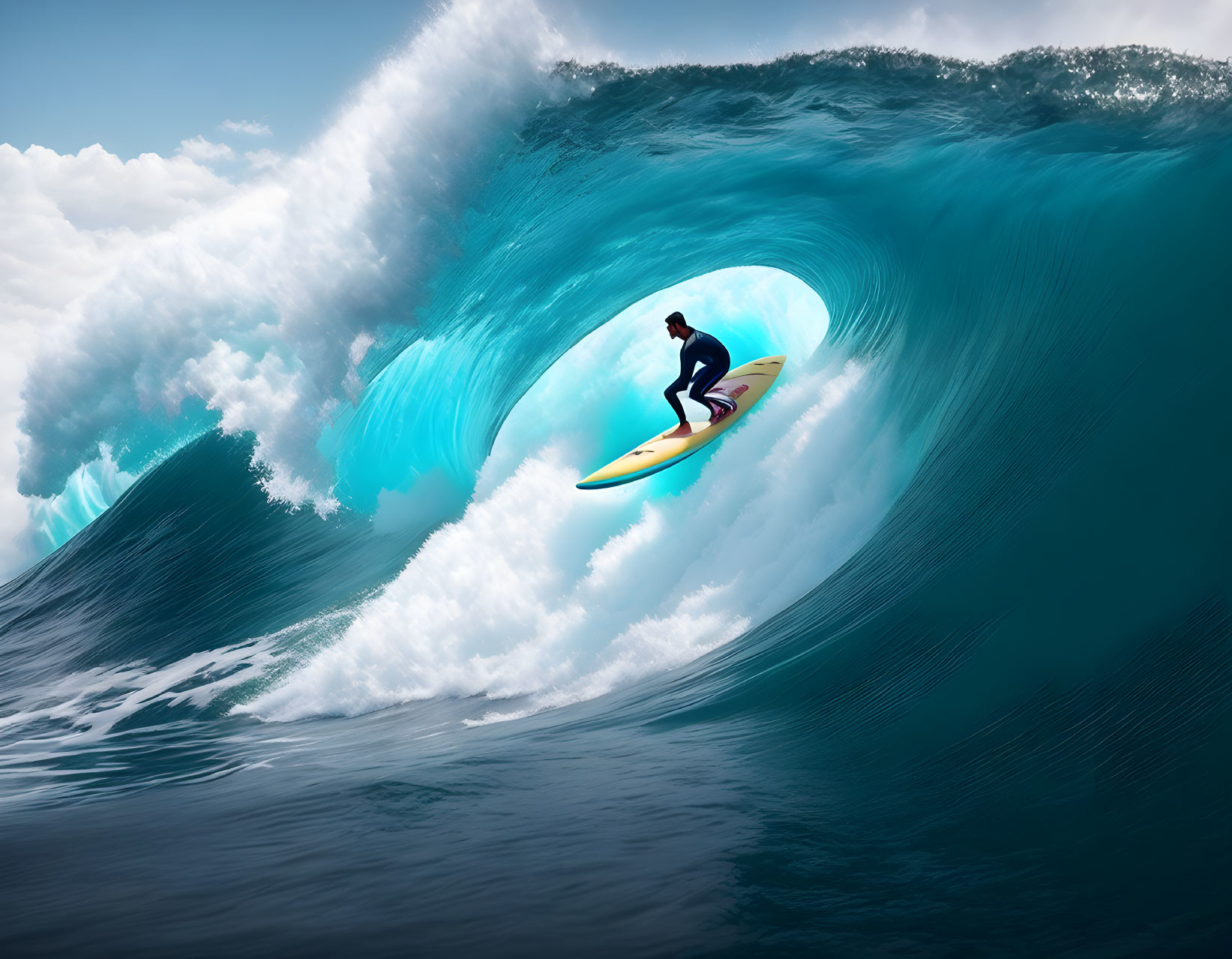 Surfer riding large wave under clear blue sky