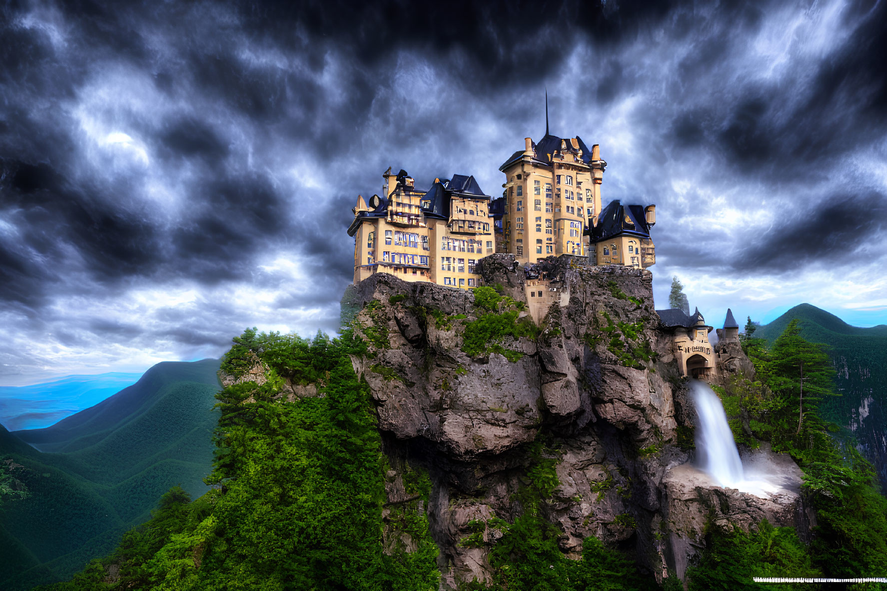 Majestic castle on rocky cliff with waterfall in lush greenery under stormy sky