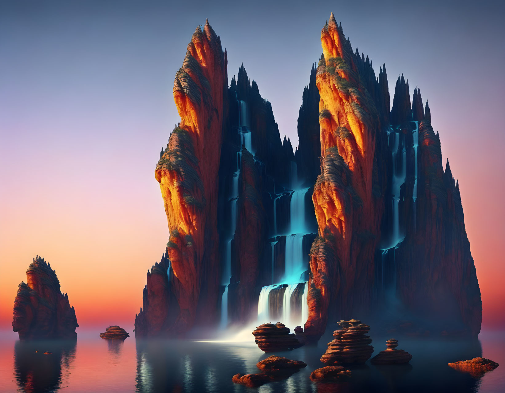 Majestic digital artwork: towering rocky formation, cascading waterfalls, serene waters, dusk sky