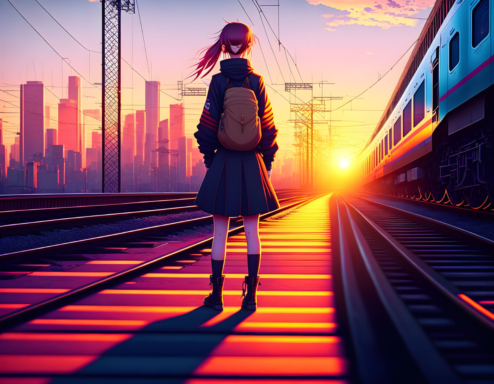 Girl with backpack on train tracks at sunset with city skyline and train.