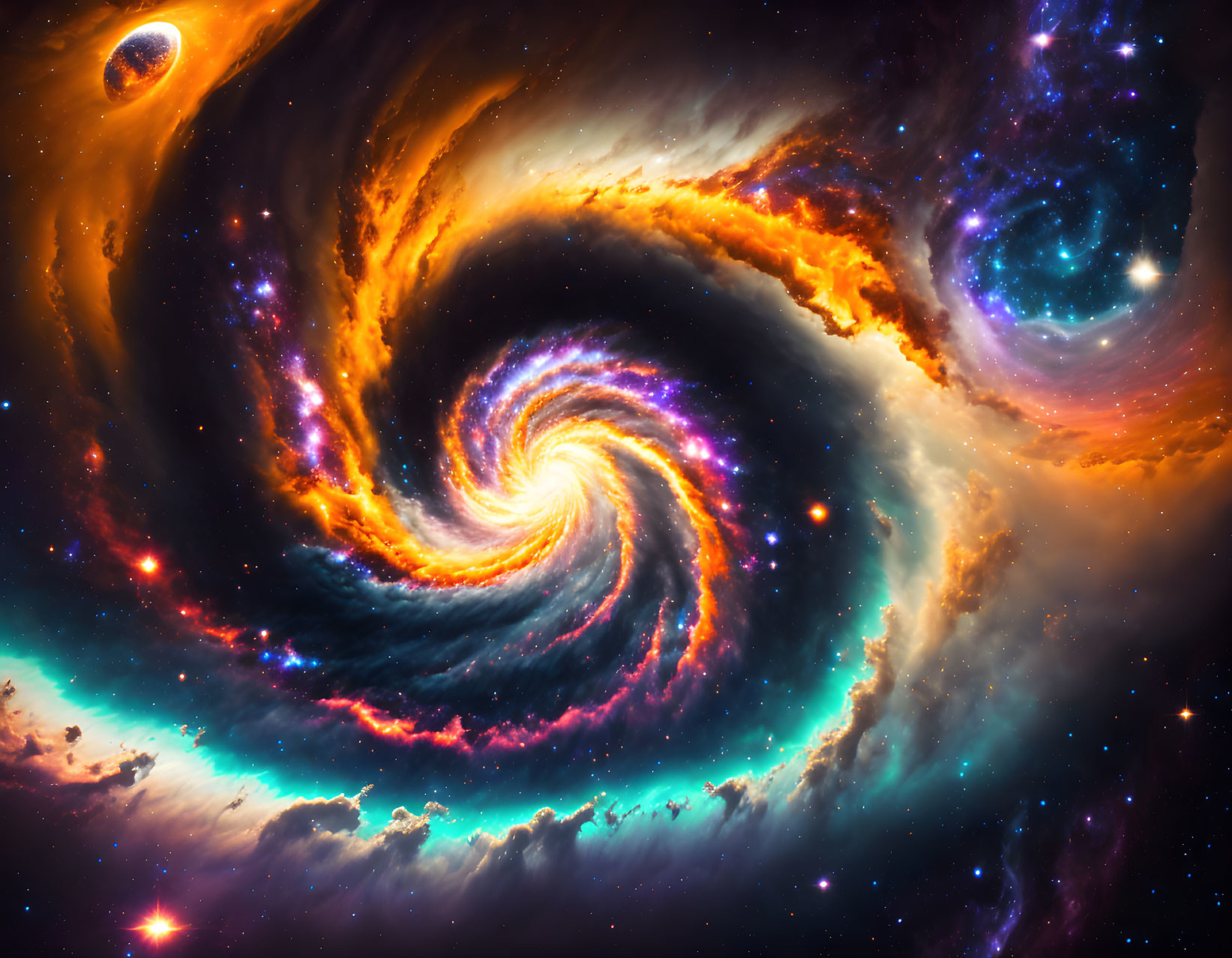 Colorful Cosmic Spiral with Orange and Blue Hues and Celestial Bodies