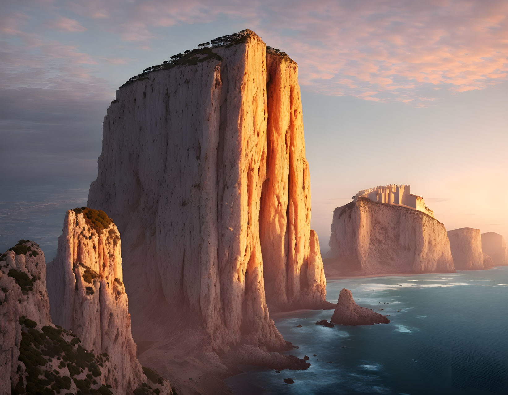 Cliffs at Sunrise with Ancient Ruins Overlooking Calm Sea