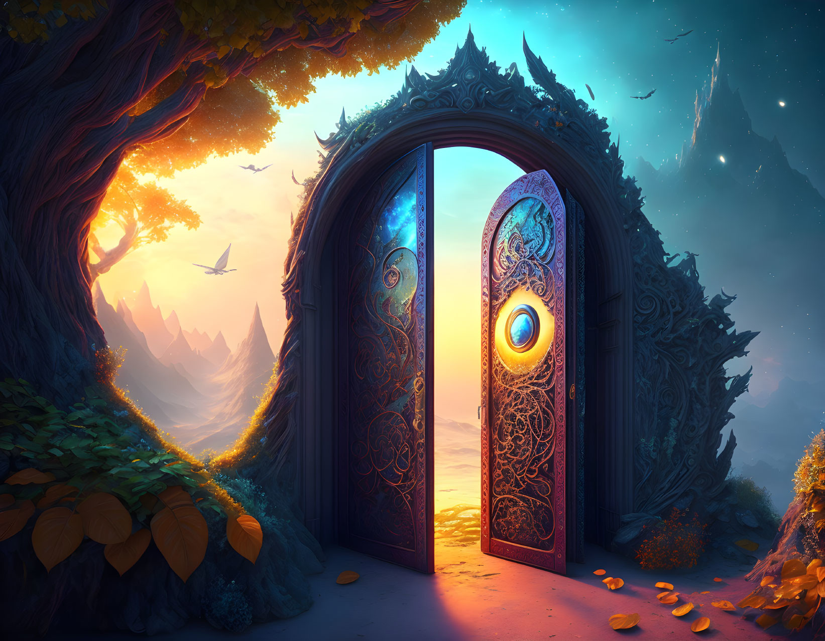 Ornate door between mystical forest and mountainous realm