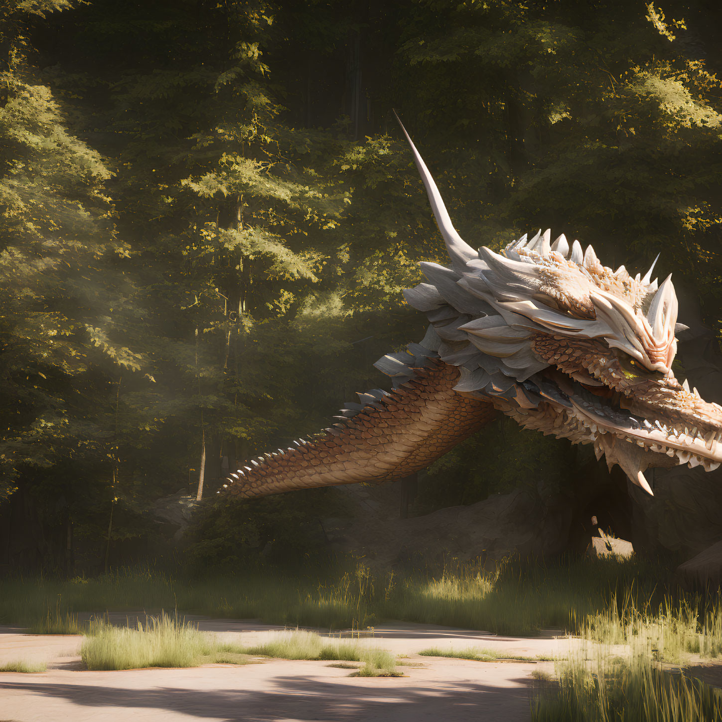 Spiked dragon with horns in forest clearing under sunlight