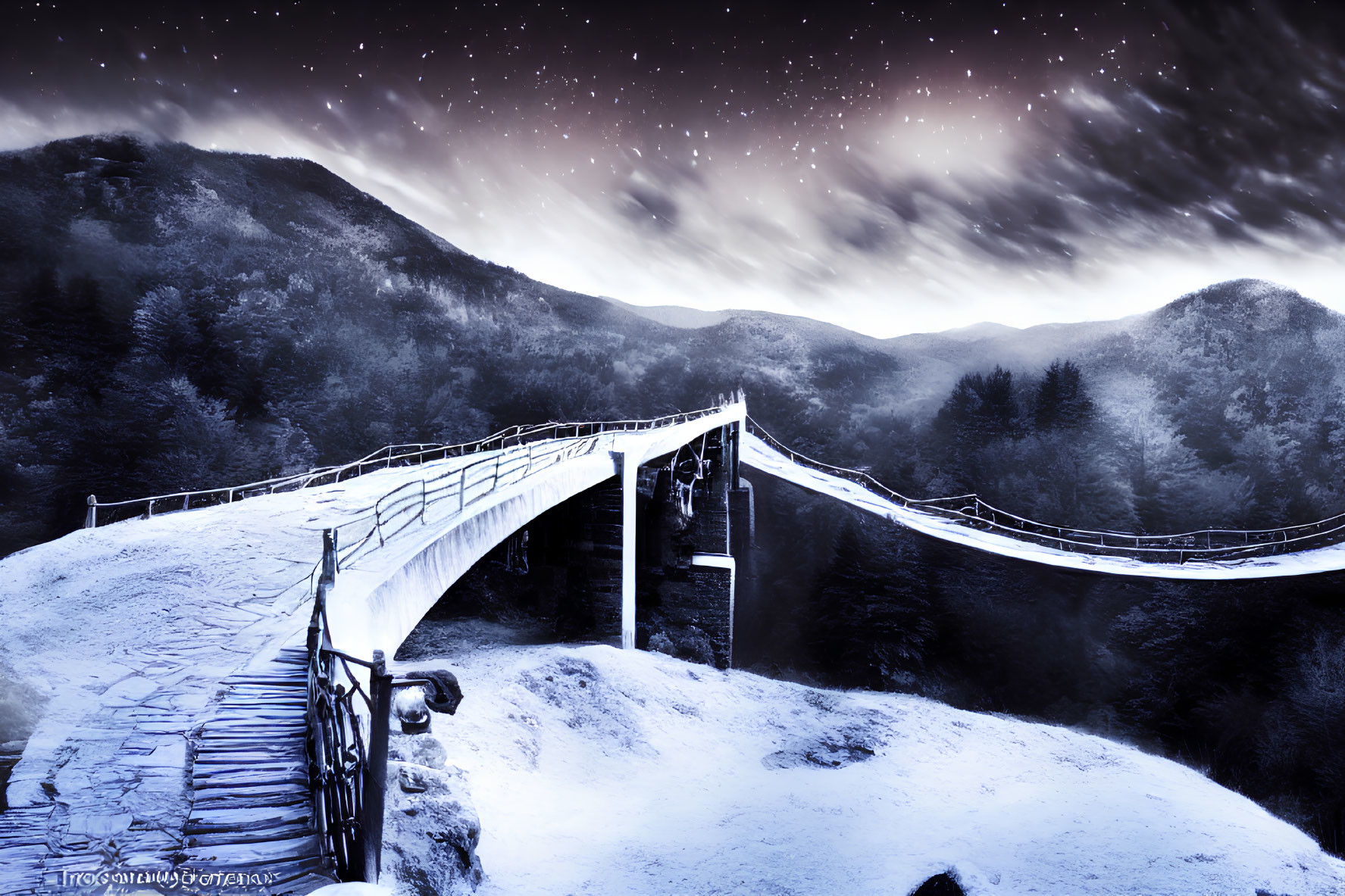 Snow-covered wooden bridge in mountainous landscape under starry night sky