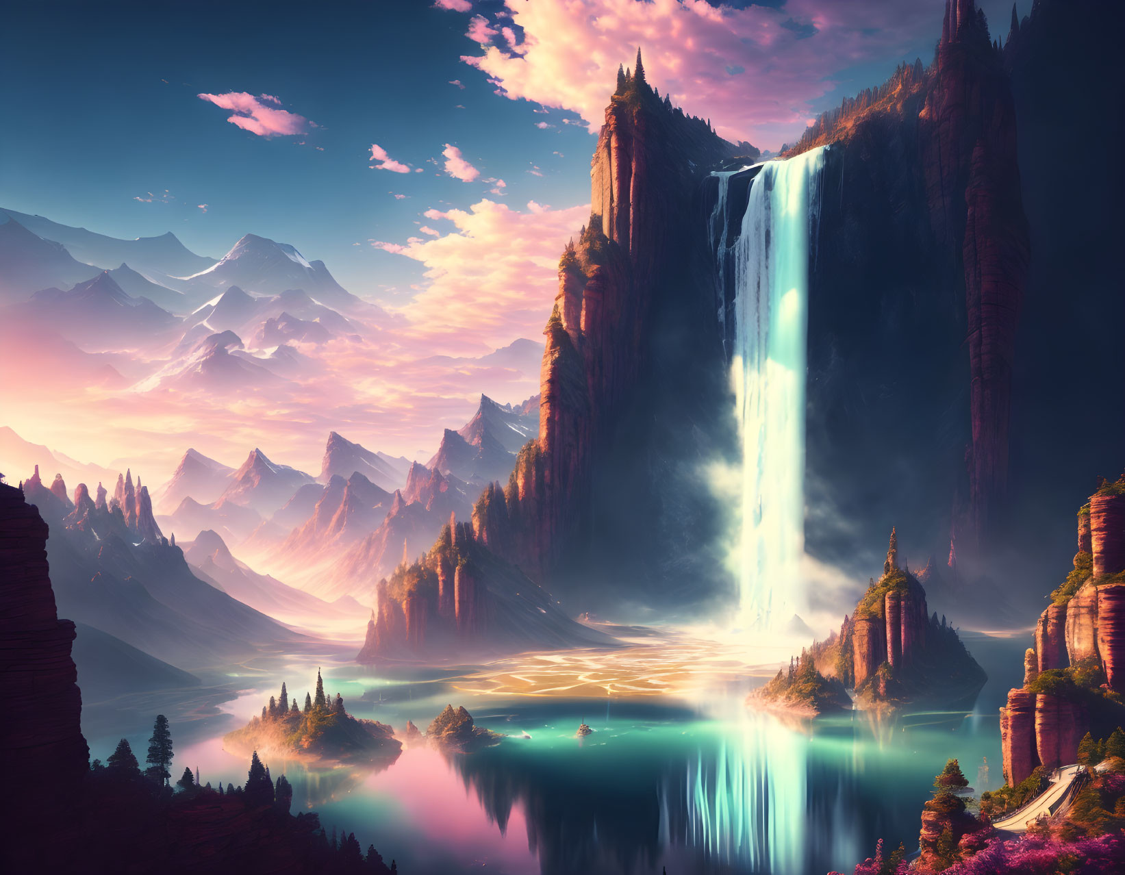 Majestic fantasy landscape with towering waterfall, serene lake, pink-hued flora, rugged mountains,