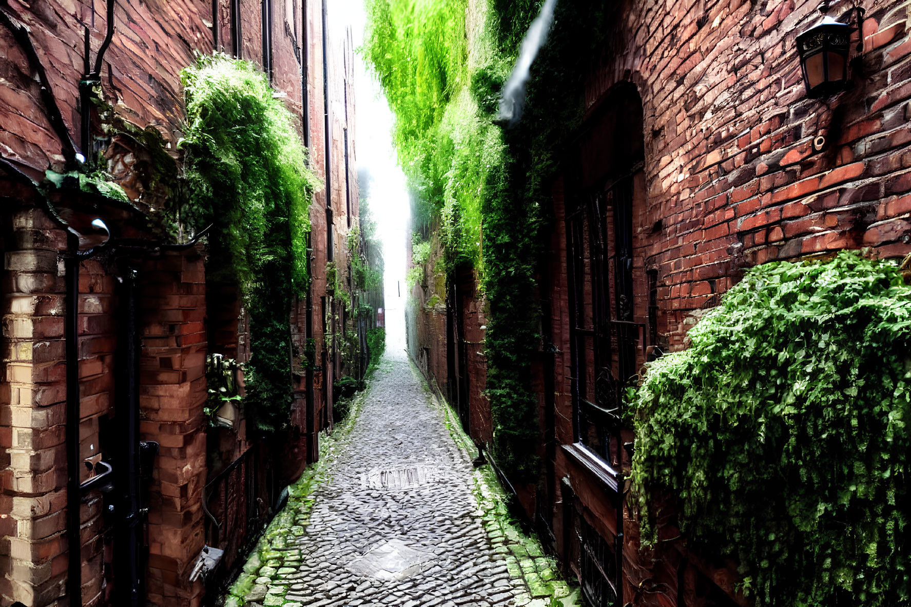 Historic cobblestone alley with ivy-covered brick buildings