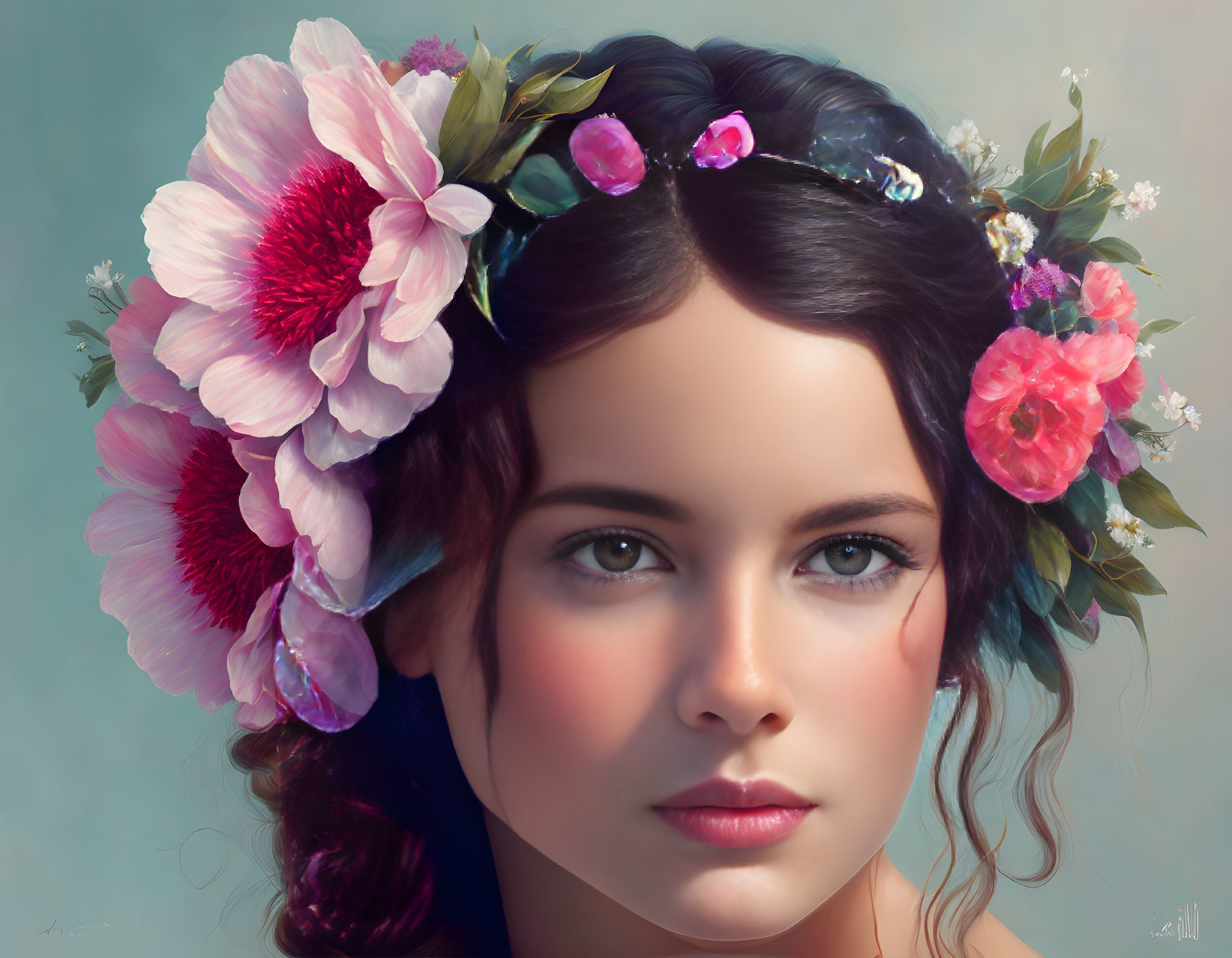 Detailed Digital Portrait of Young Woman with Floral Wreath