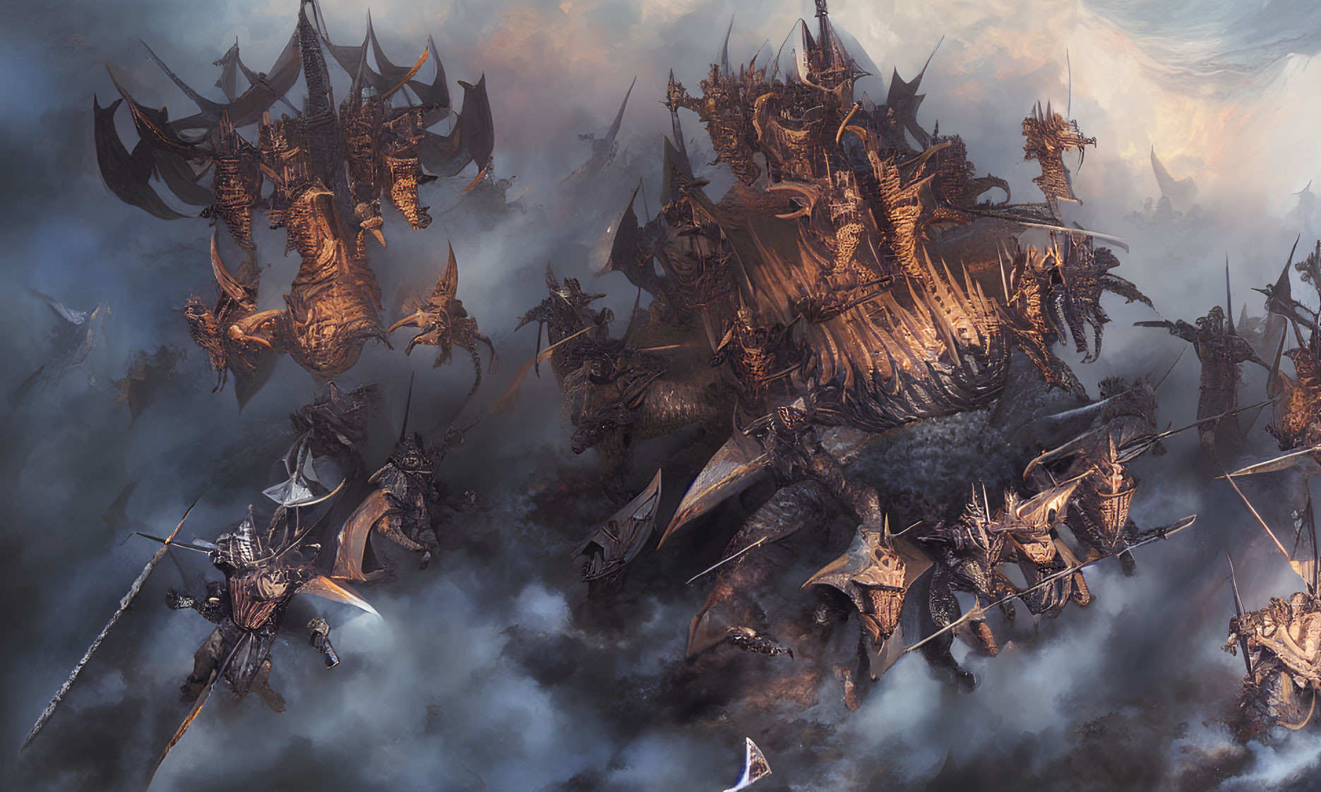 Armored warriors and giant beasts clash in dramatic battle scene