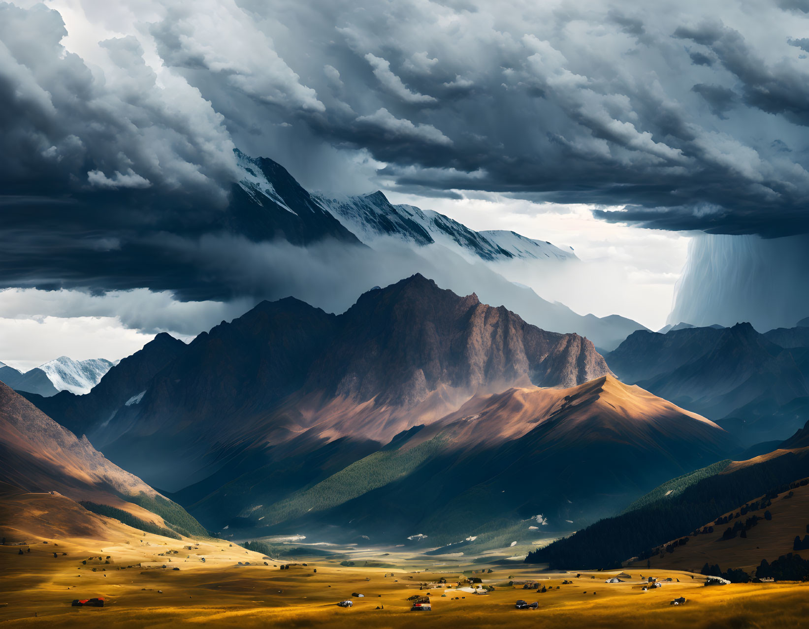 Dramatic landscape: dark storm clouds over sunlit mountains