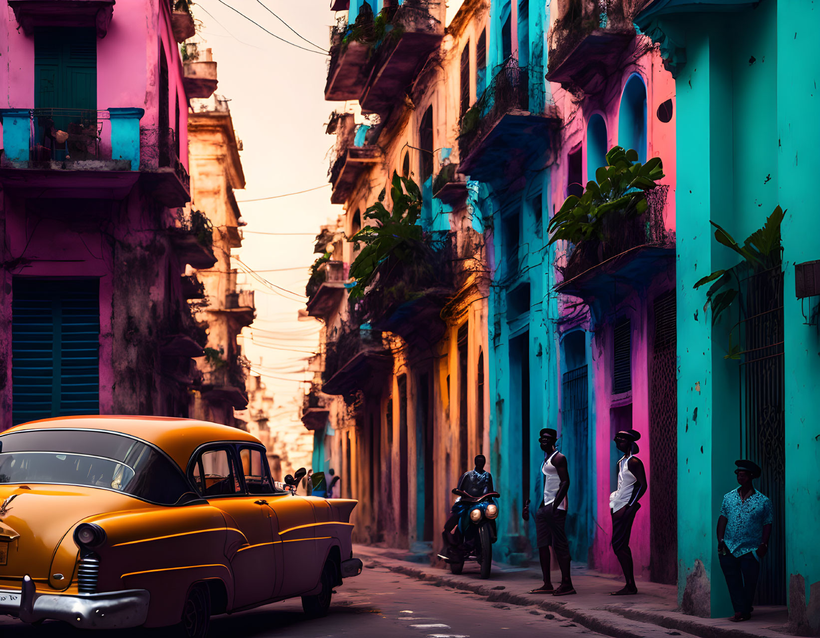 Colorful Street Scene with Yellow Car and People Walking in Sunlit Alleyway