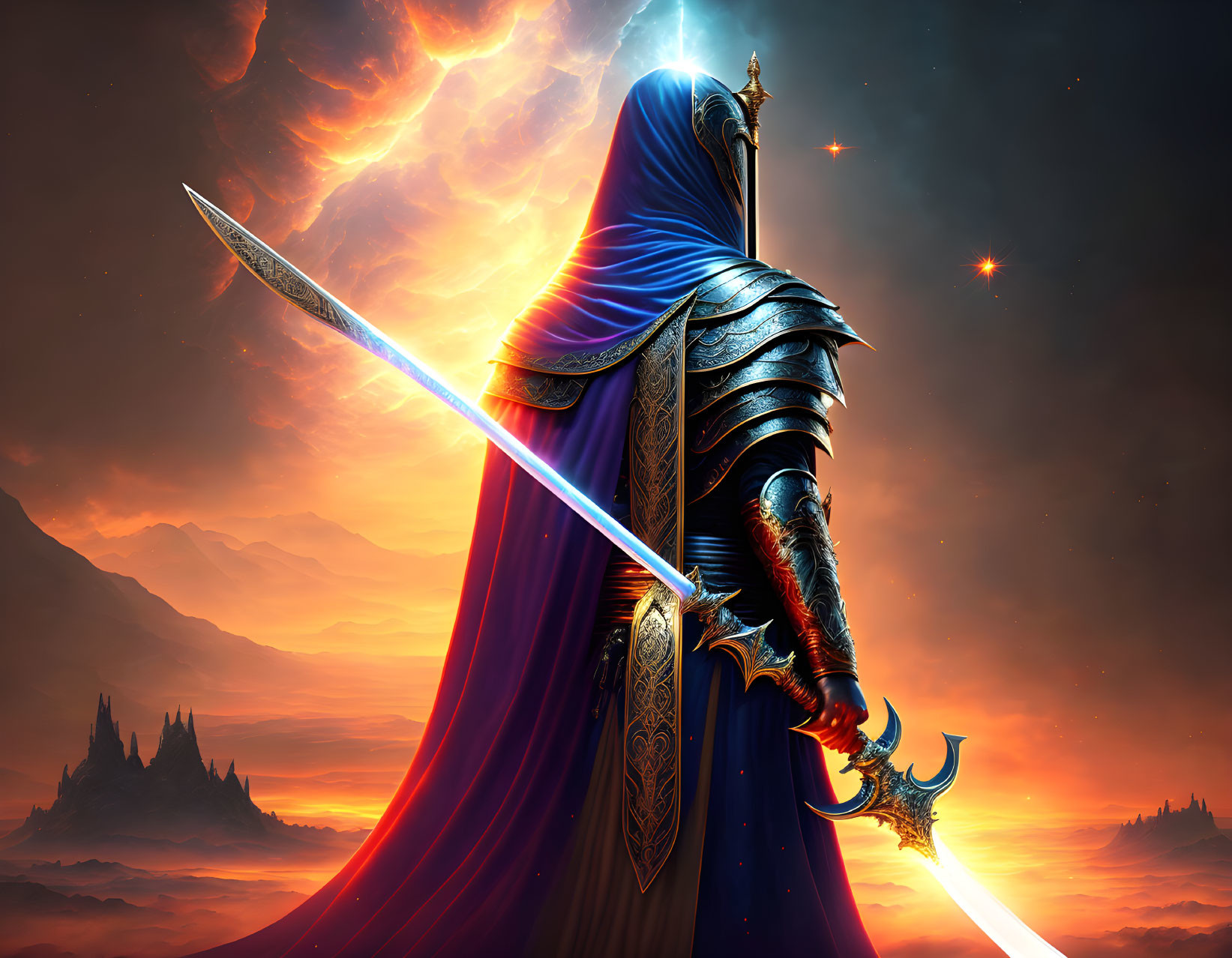 Cloaked figure in ornate armor with sword against fiery sky and castle silhouette.