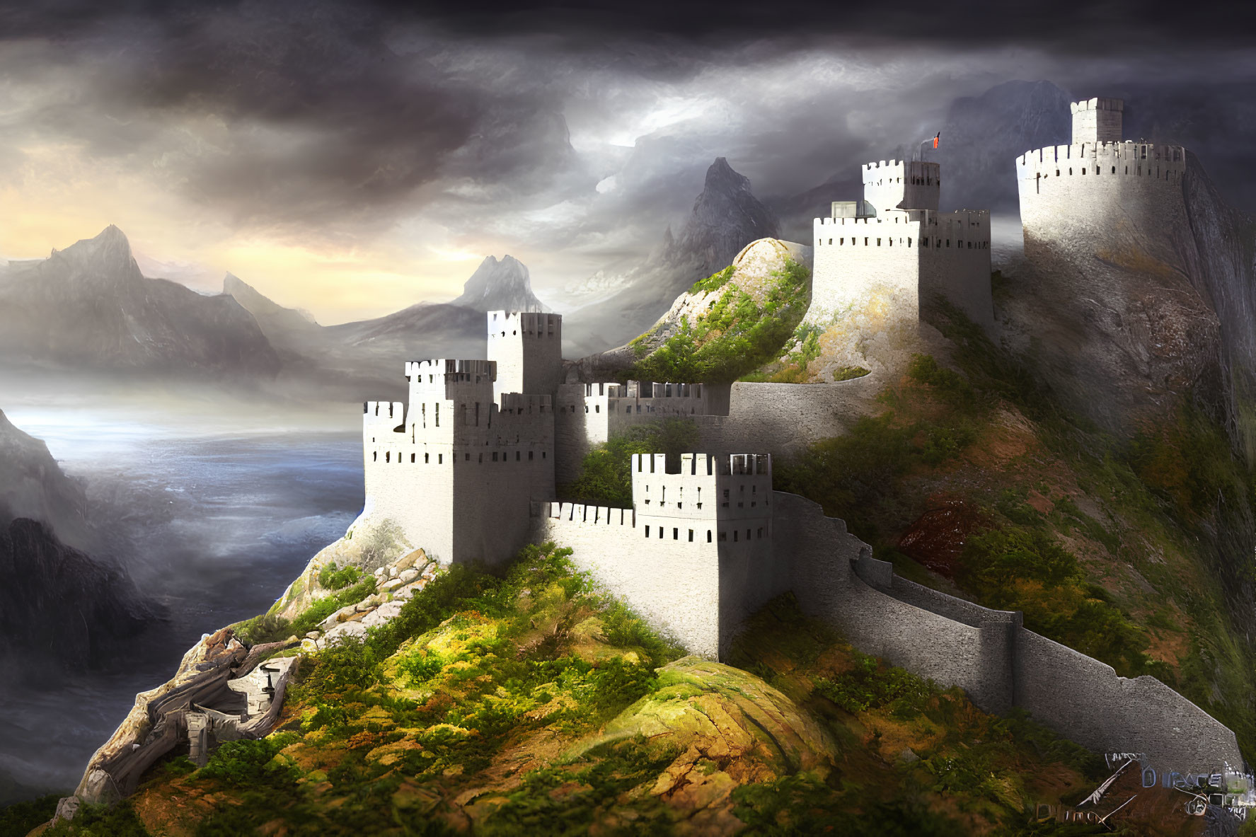 Majestic castle on cliff with towers, mountains, dramatic sky