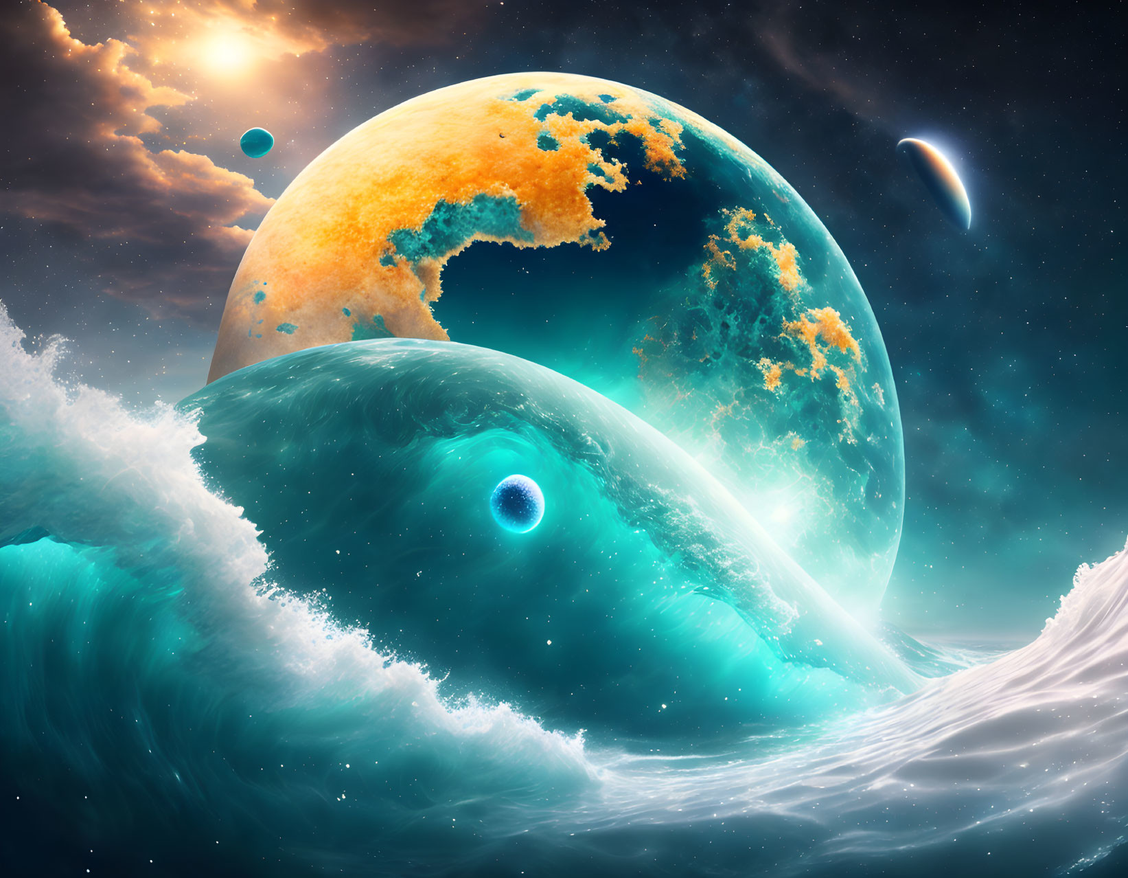 Surreal cosmic ocean scene with large planet and starry sky