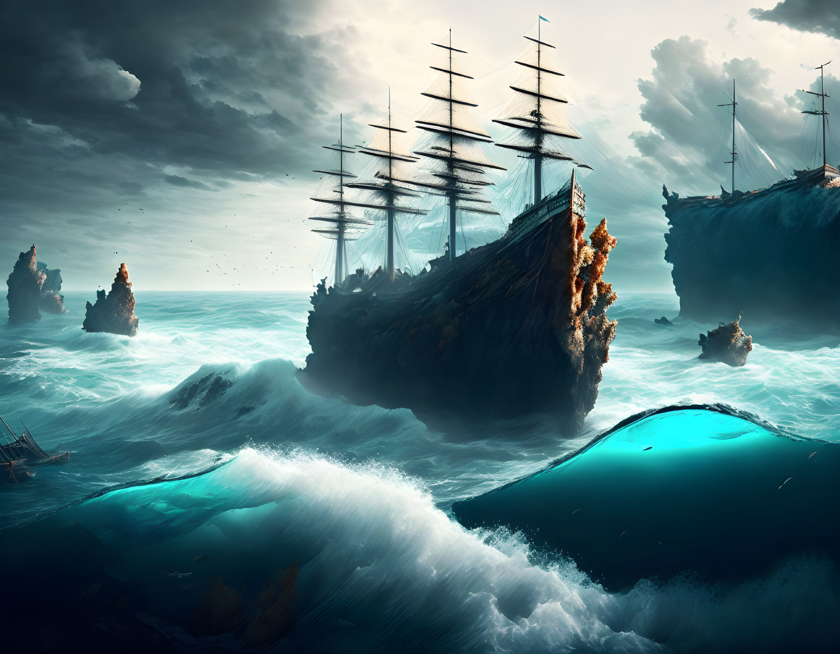 Surreal seascape with tall ships, towering waves, and stormy sky