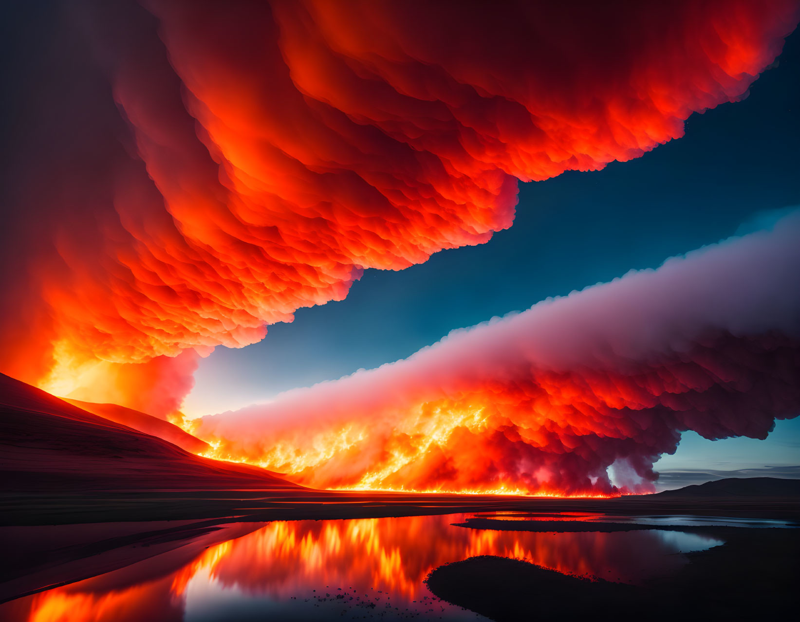 Dramatic volcanic eruption with fiery lava and smoke reflected in water