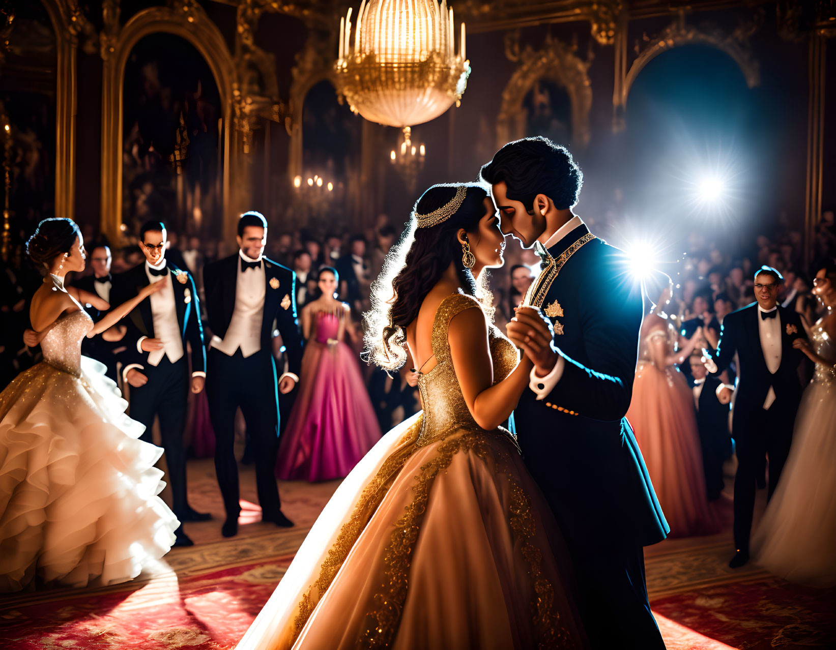 Opulent ballroom scene with elegant dancing couple