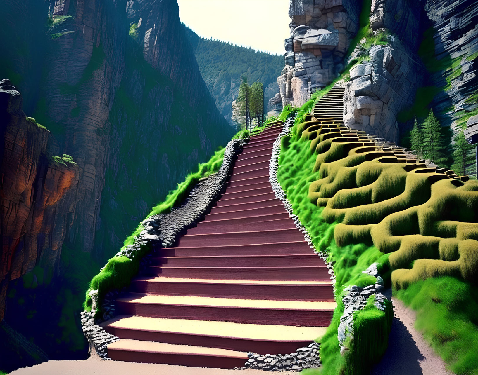 Ornate red staircase on moss-covered cliff with forest view