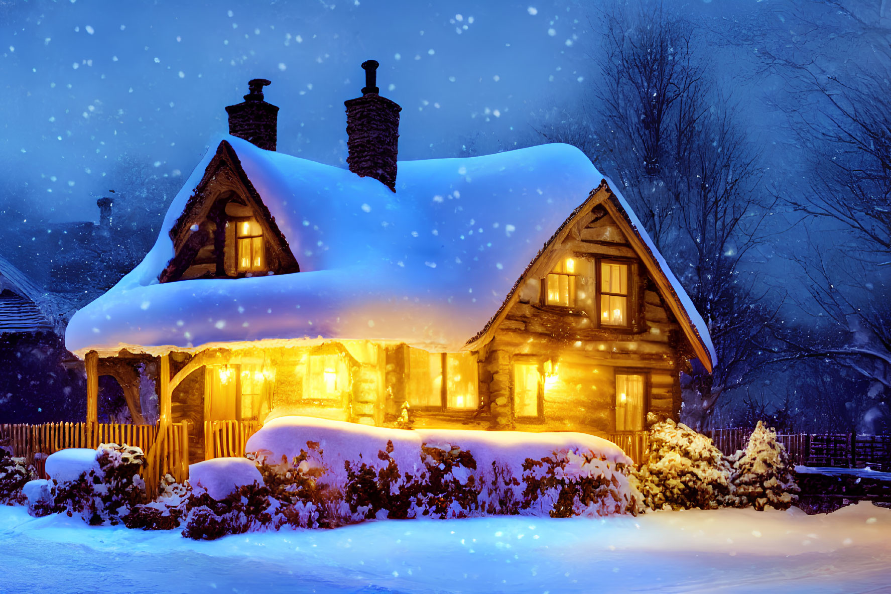 Snow-covered cottage with warm glowing lights in tranquil snowy night scene