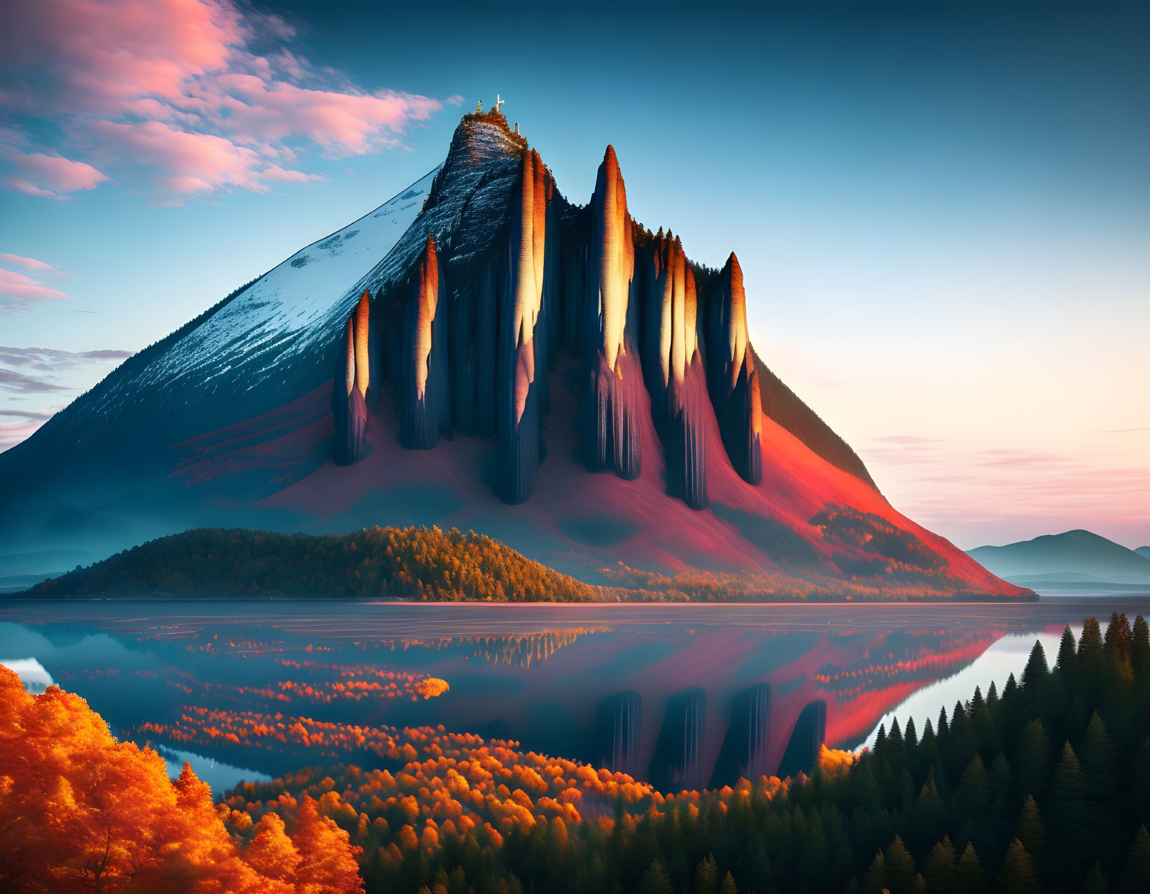 Surreal landscape: crown-shaped mountain, autumn forests, lake reflection