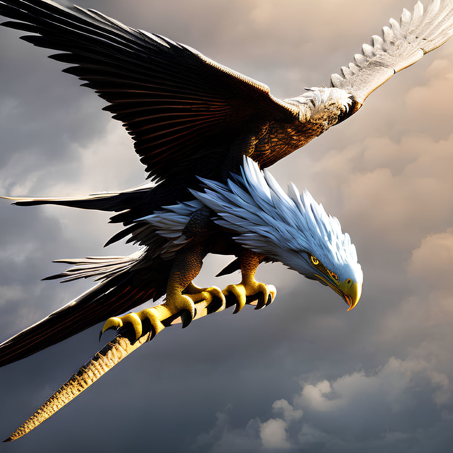 White-headed brown eagle perched on branch with spread wings against cloudy sky