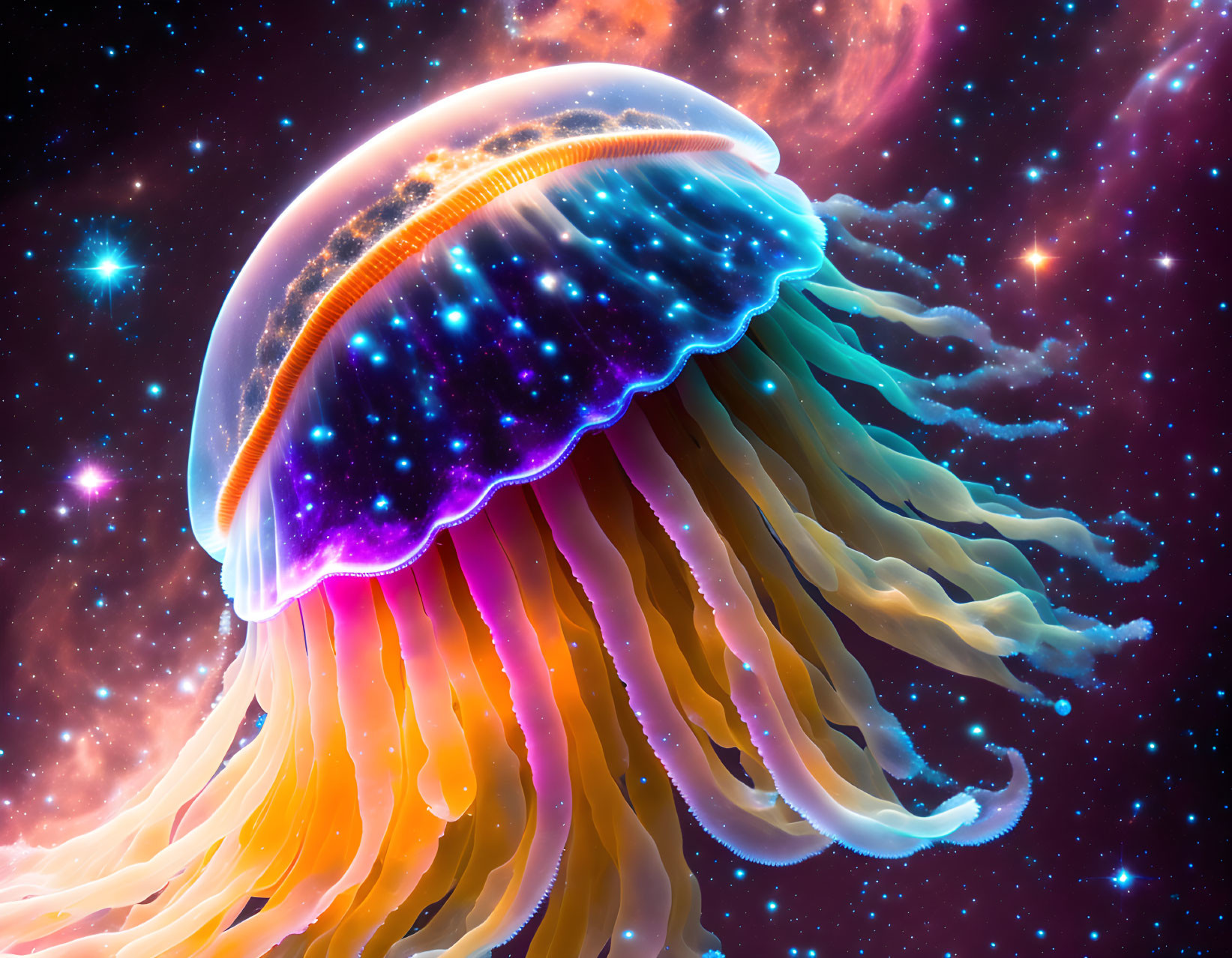 Colorful cosmic jellyfish in starry nebula scene