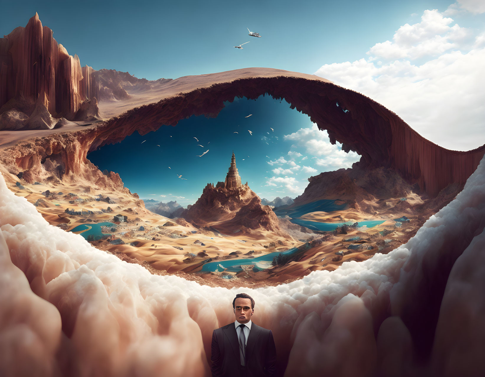 Man in suit in surreal landscape with clouds, desert, castle, and birds