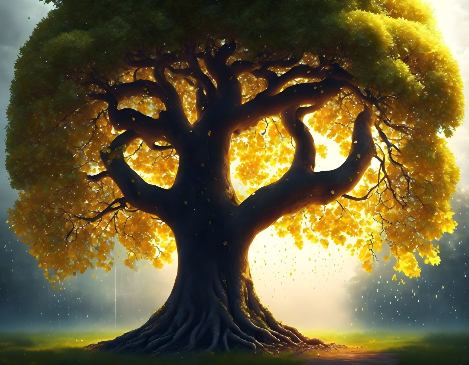 Majestic tree with thick trunk and vibrant yellow leaves in sunlight