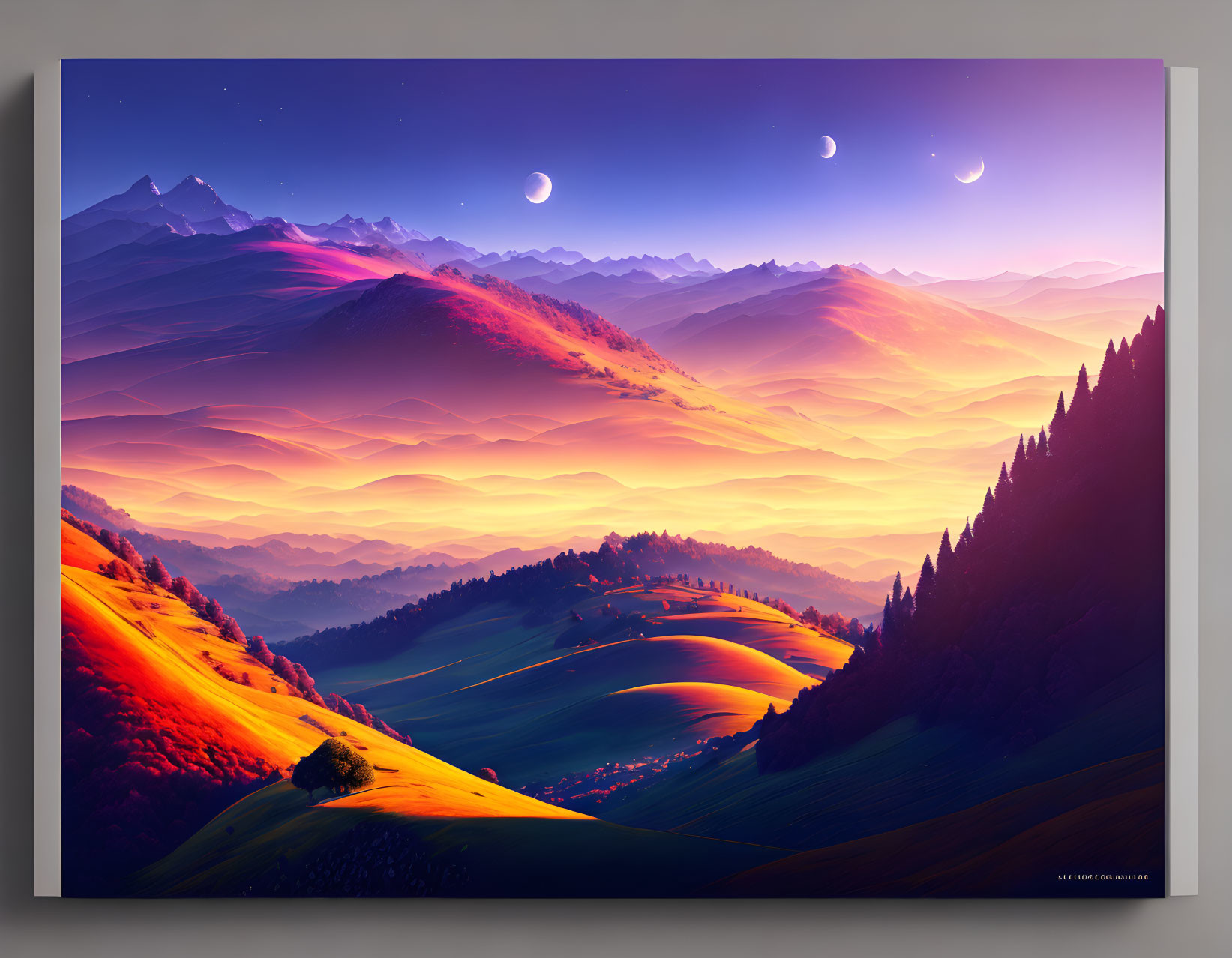 Scenic digital art: rolling hills, mountains, sunset, gradient sky, two crescent moons