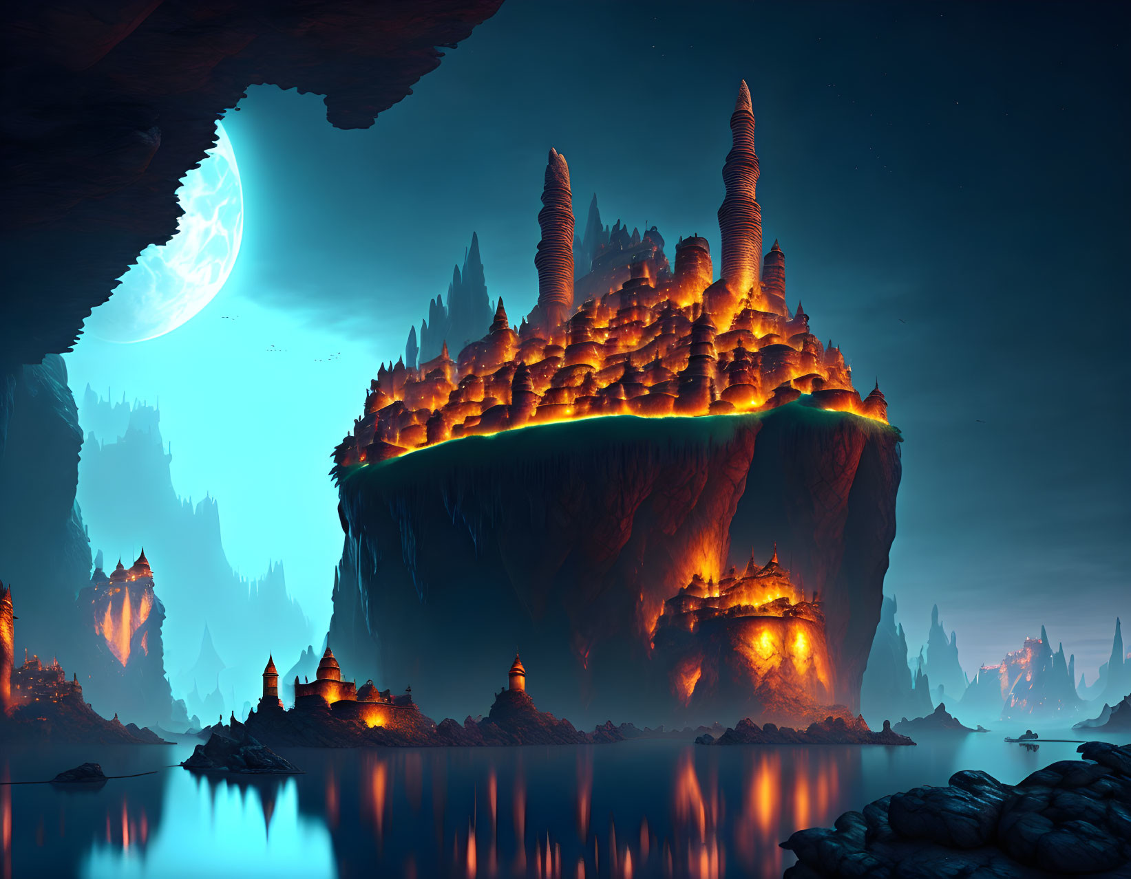 Glowing structures on floating island under night sky