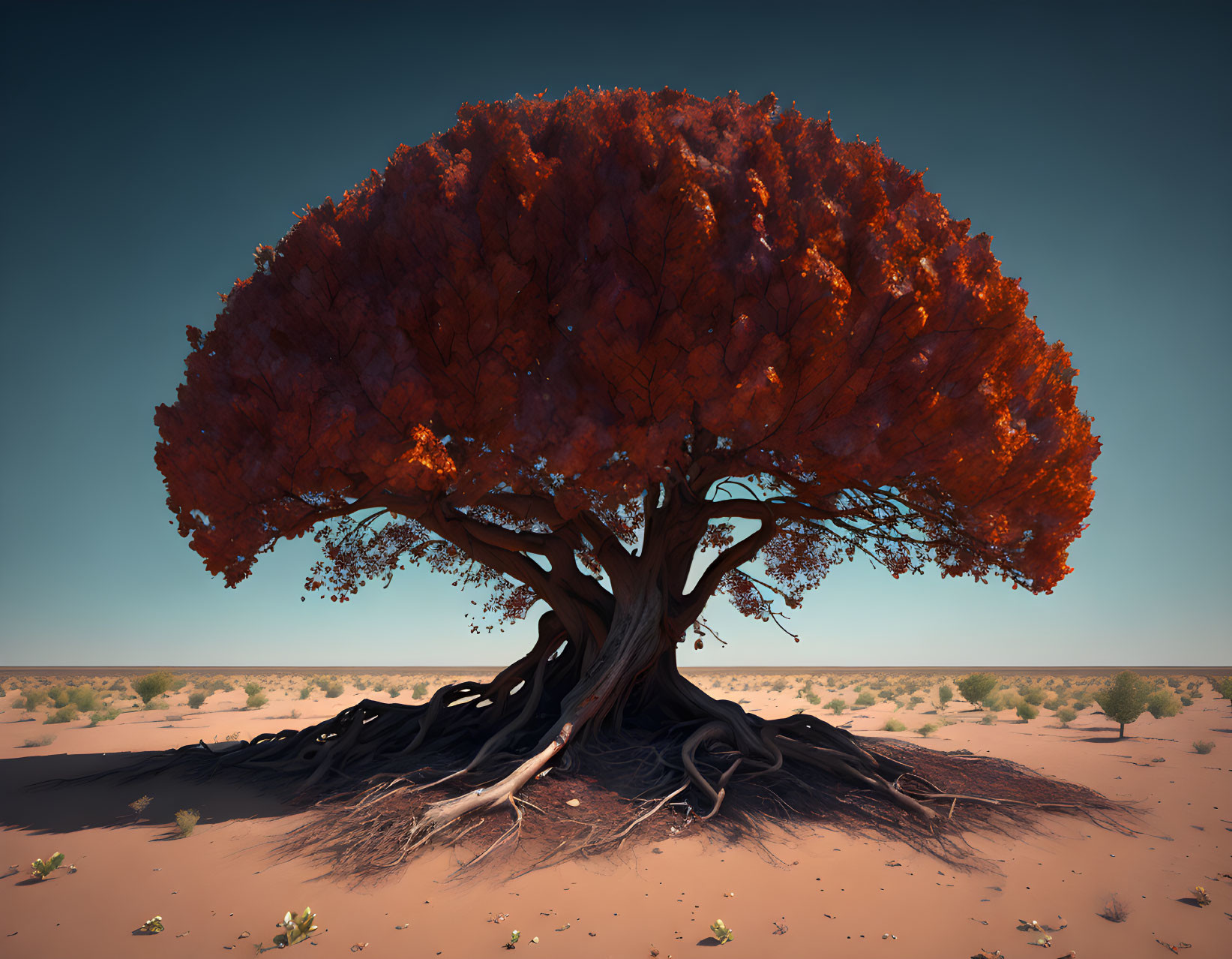 Solitary vigorous tree with broad red canopy in arid desert landscape