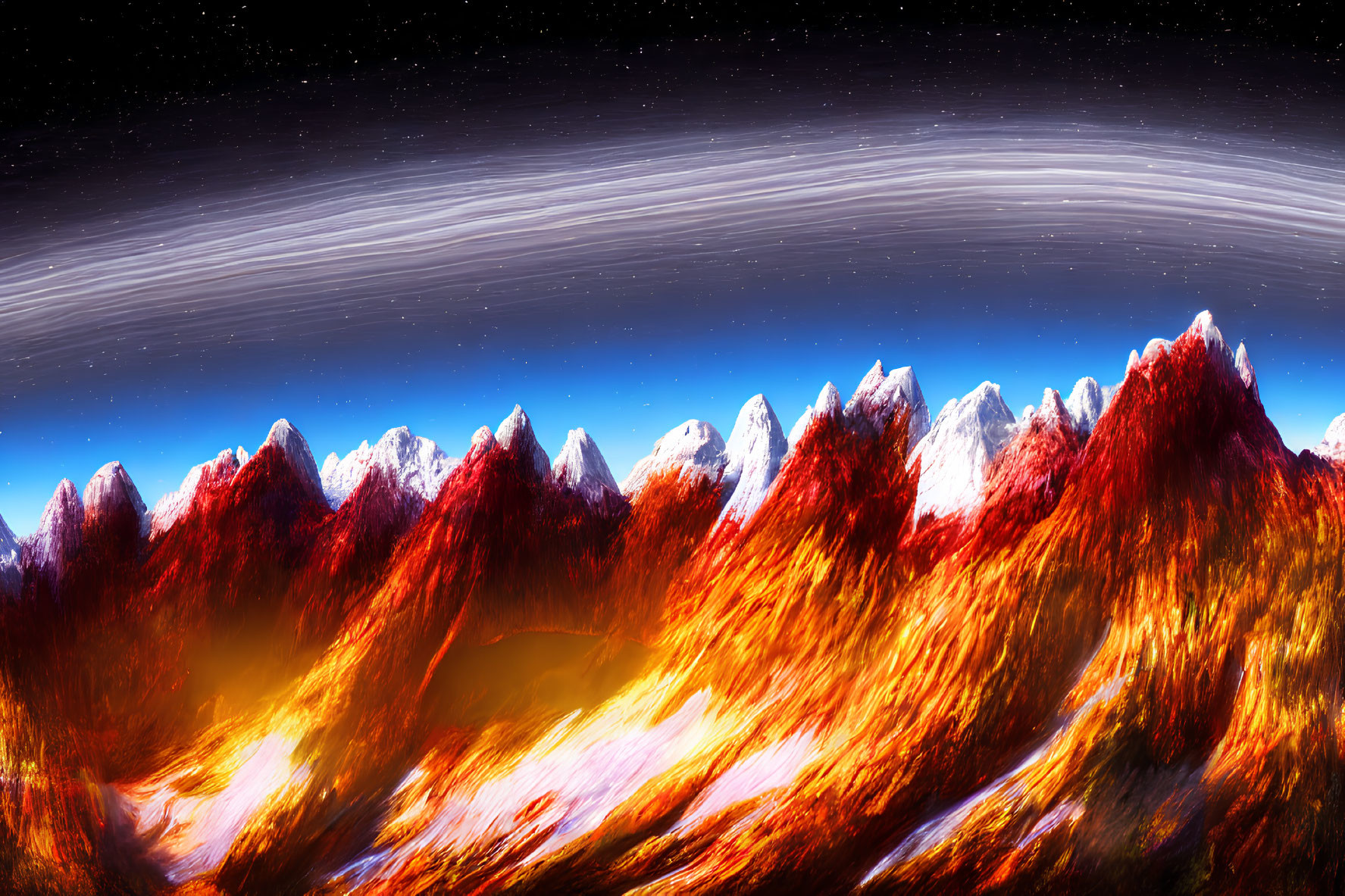 Panoramic Mountain Range Night Sky with Fiery Hues