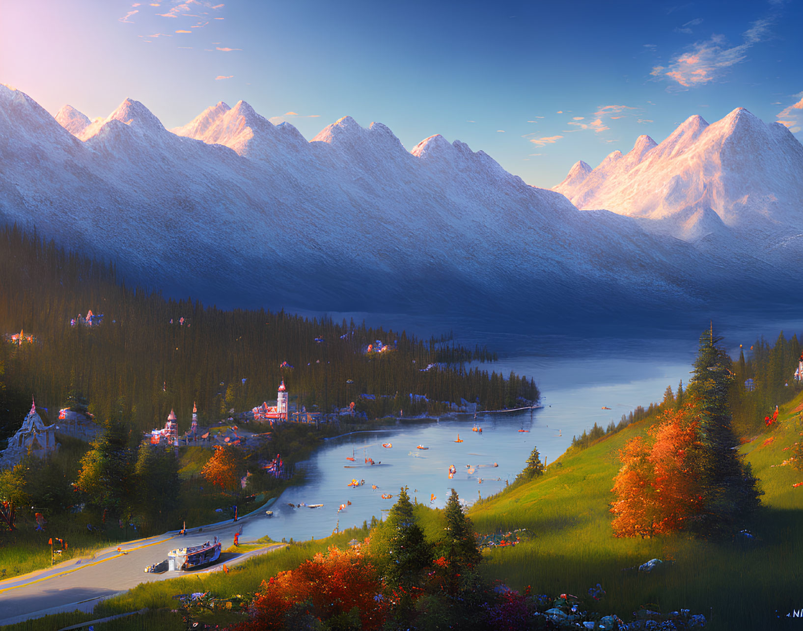 Vibrant valley, serene lake, autumn trees, village, mountains, blue sky