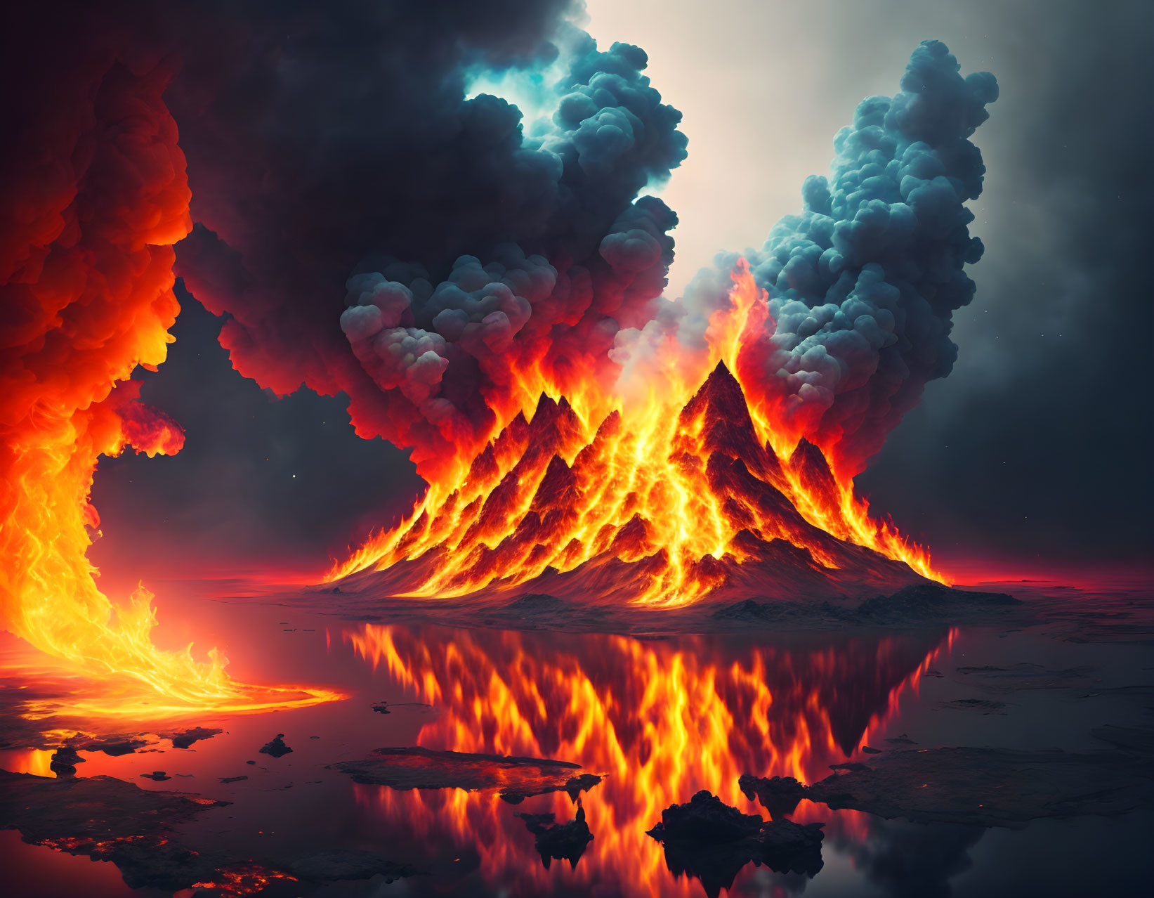 Volcanic eruption with fiery lava flows and billowing smoke in red and blue sky reflected in water