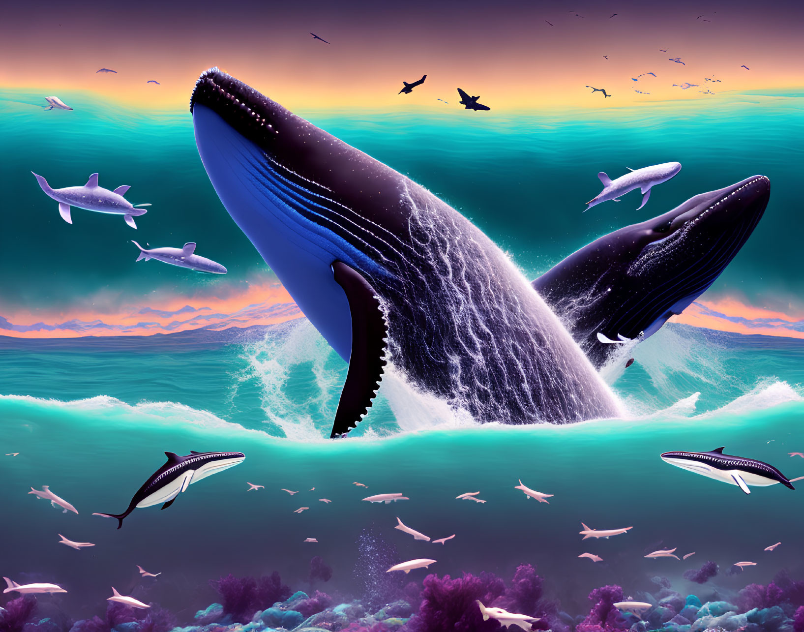 Colorful underwater scene with breaching whale and flying fishes at sunset