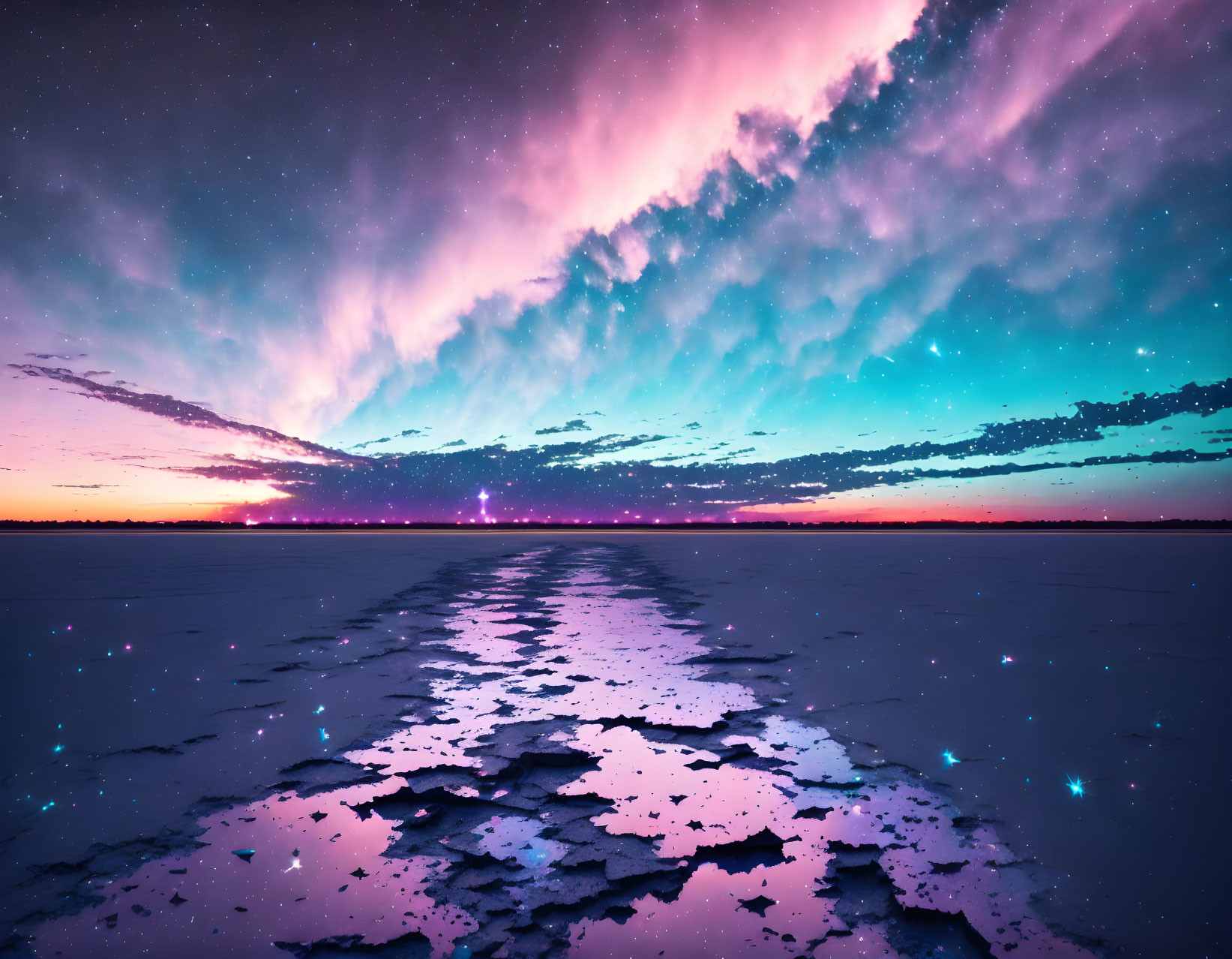 Vibrant pink and blue twilight sky over cracked icy landscape