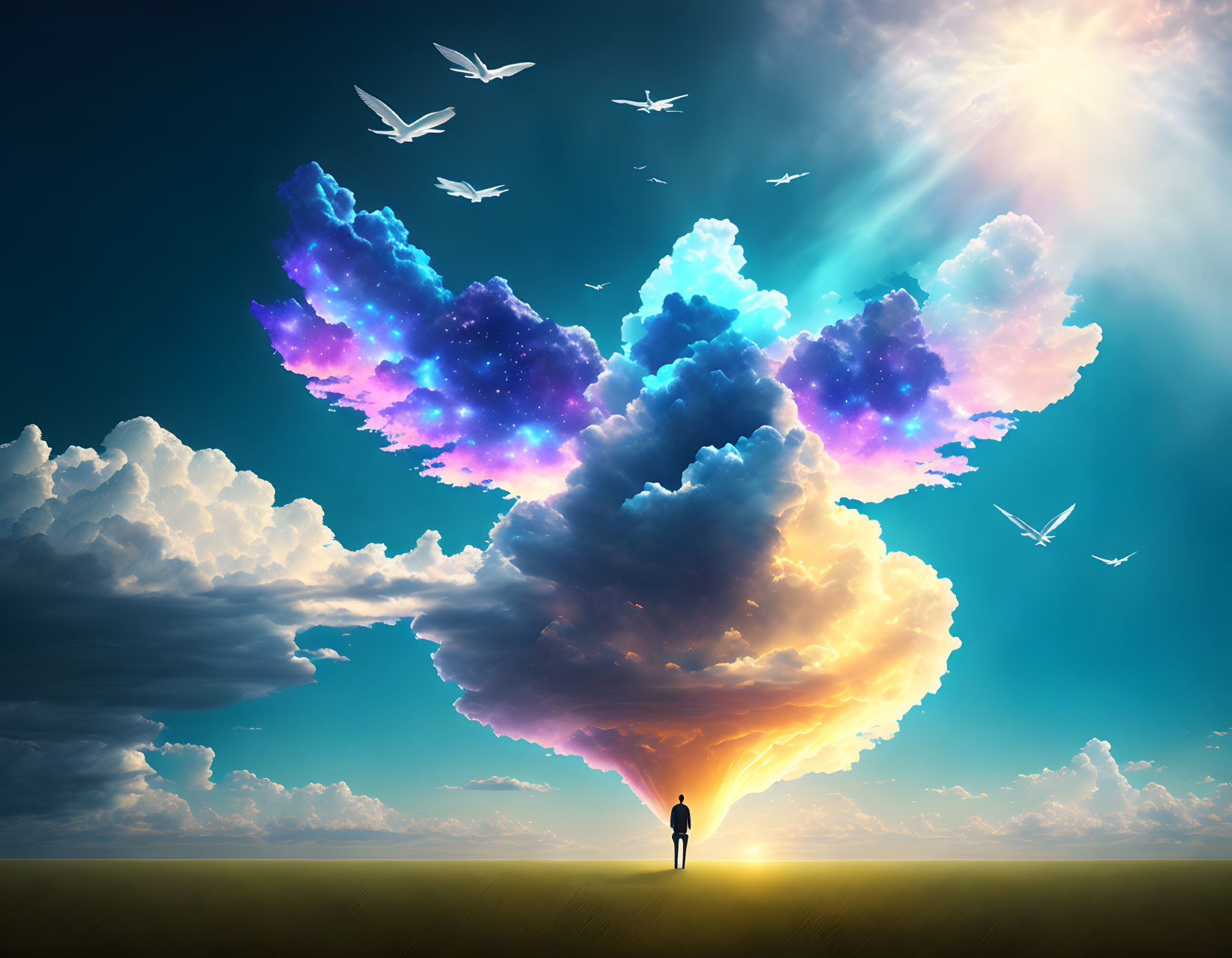 Person standing before illuminated cosmic cloud with birds, sunlight, and blue sky.