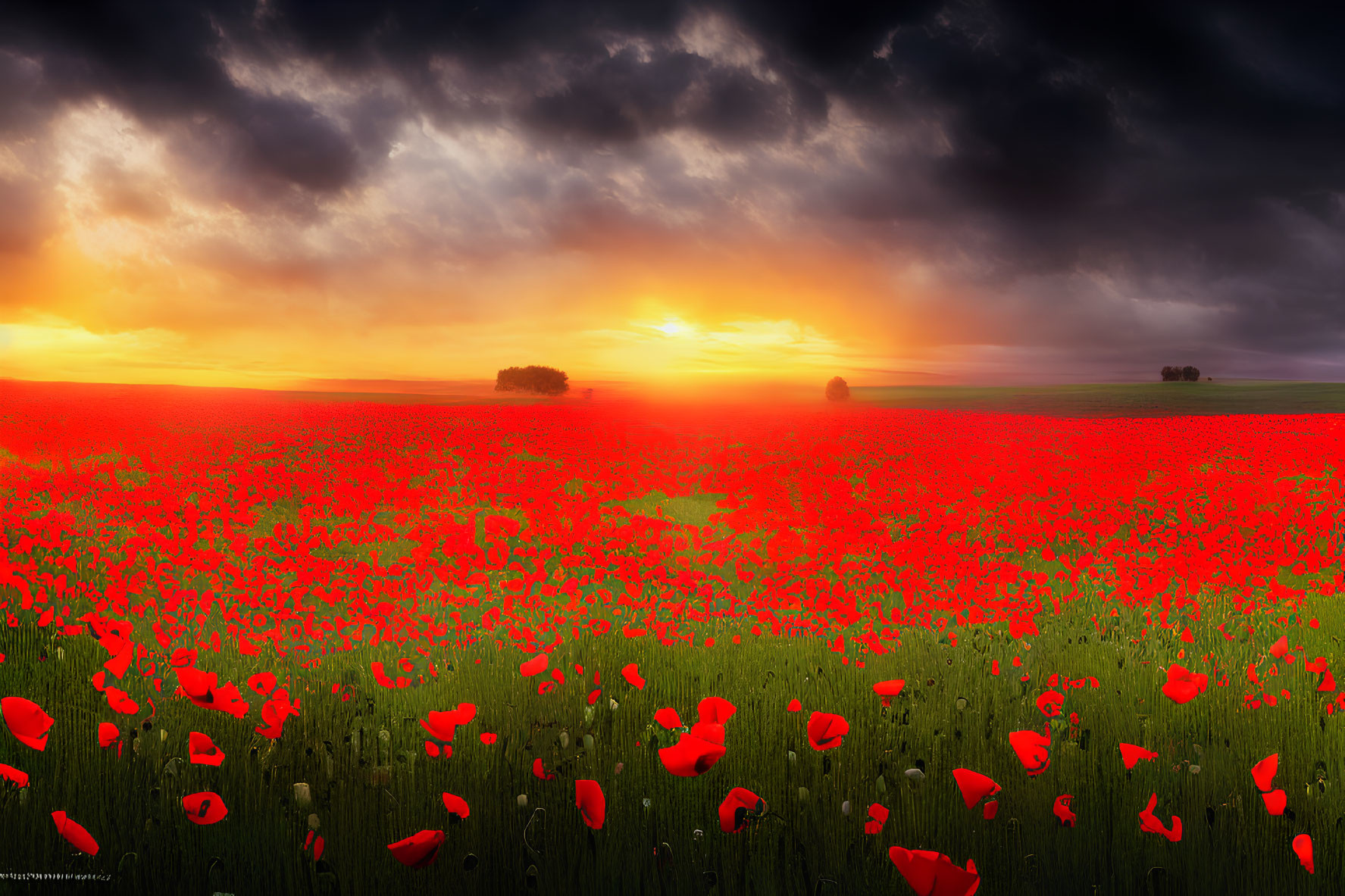 Dramatic sunrise over vibrant red poppy field