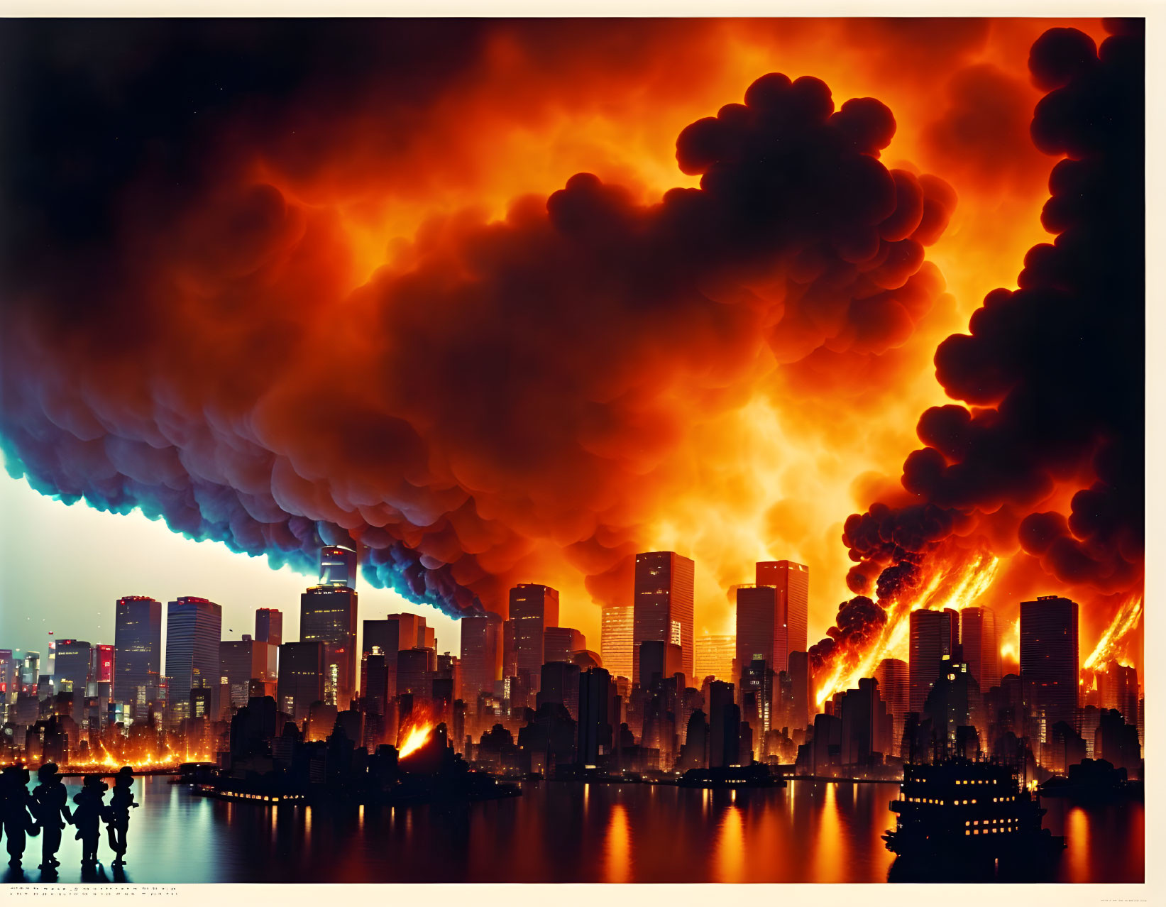 City skyline at night with towering buildings engulfed in massive fiery clouds of smoke