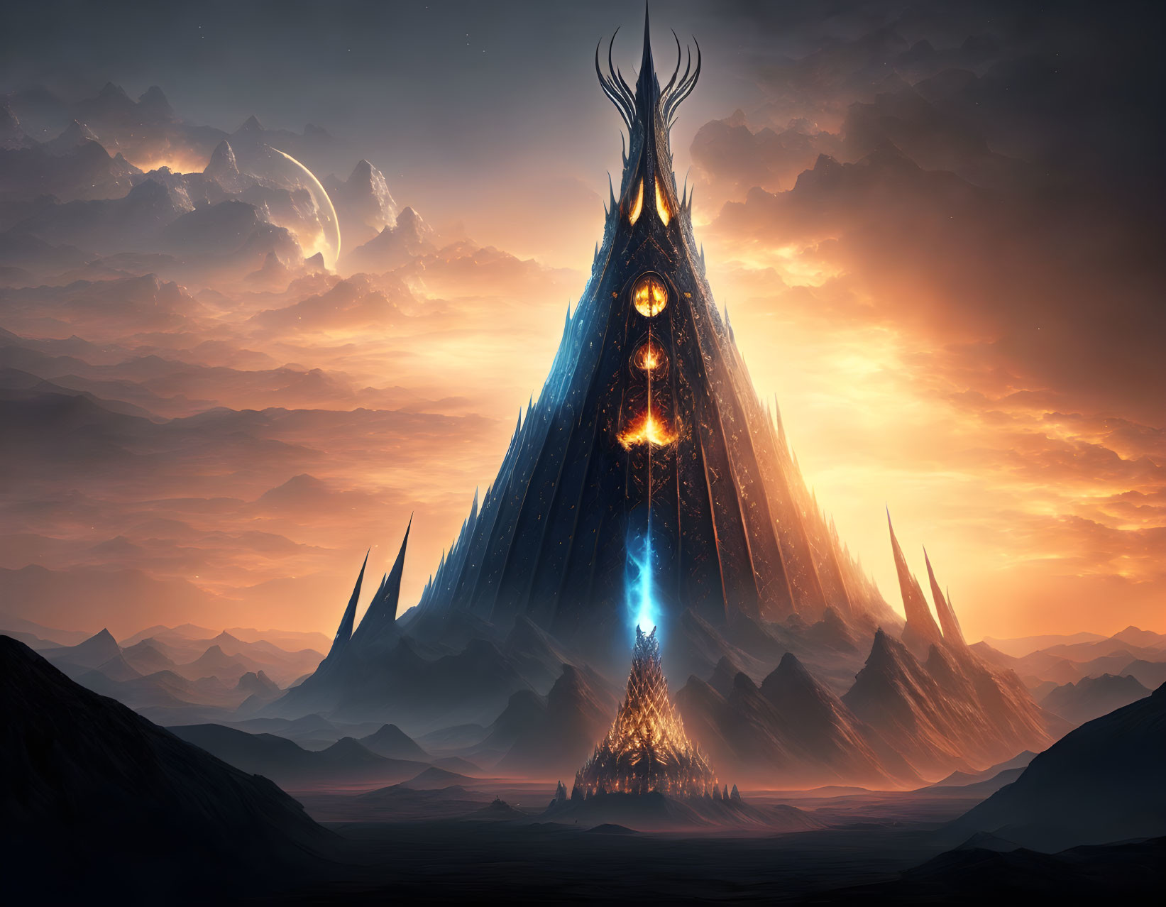 Mystical mountain with glowing symbols and luminous beam under crescent moon