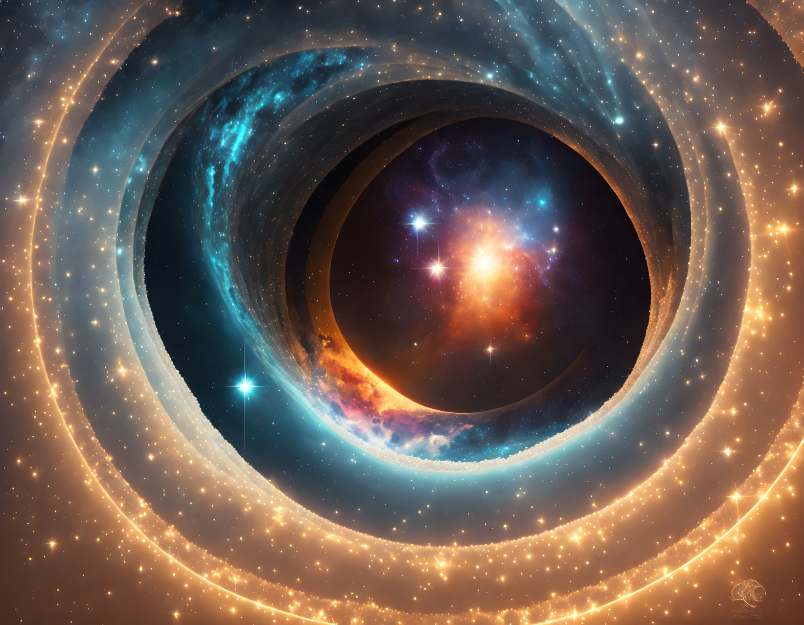 Digital artwork of swirling wormhole with stars and nebulae in blue and orange