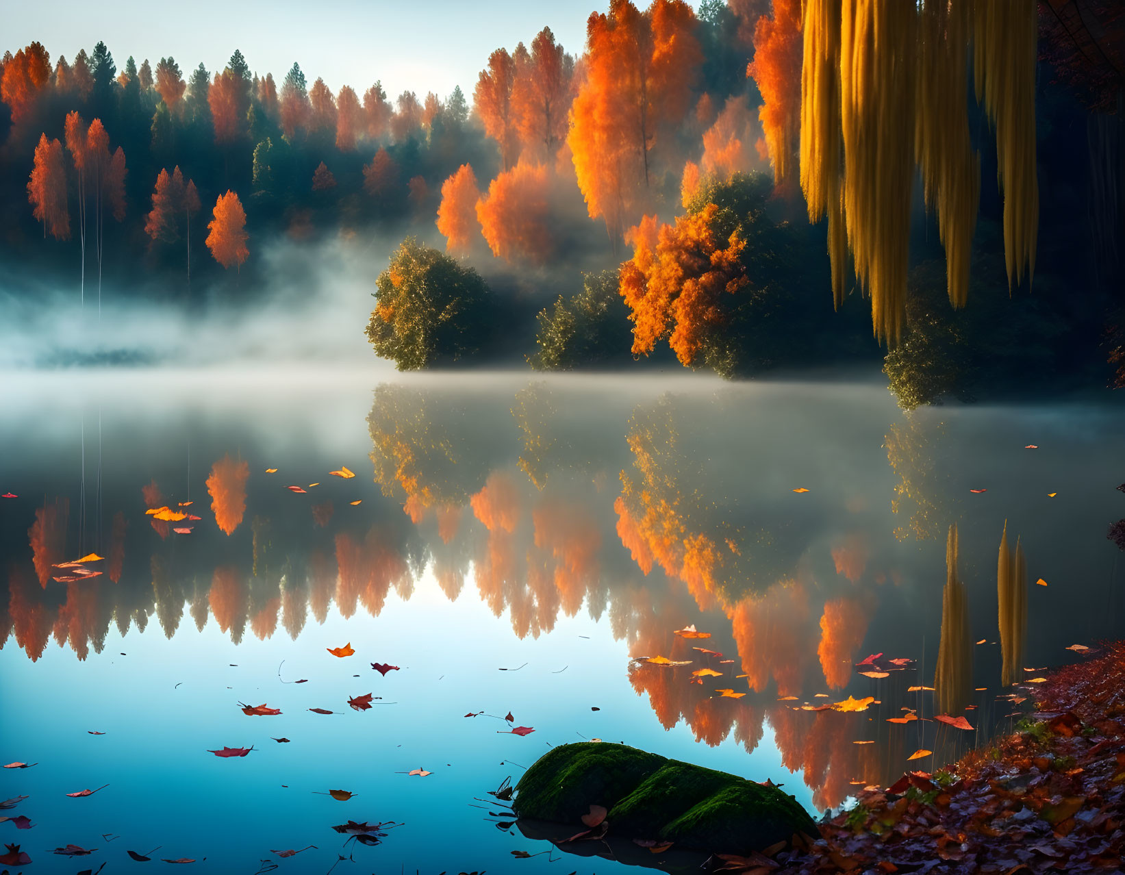 Tranquil autumn lake with colorful trees and mist reflecting on water