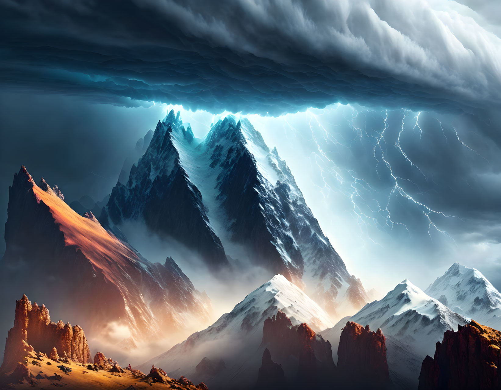 Stormy Mountain Landscape with Lightning and Snow-Capped Peaks